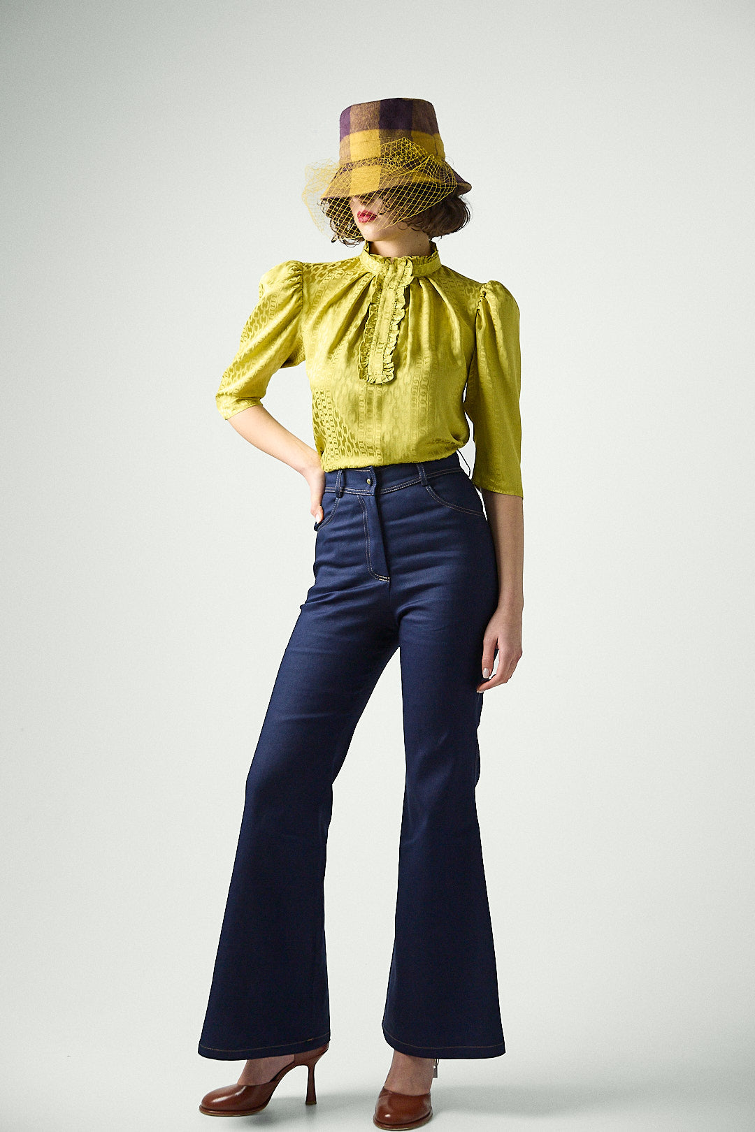 Jacquard blouse with a ruffled neckline “Golden Sunshine"