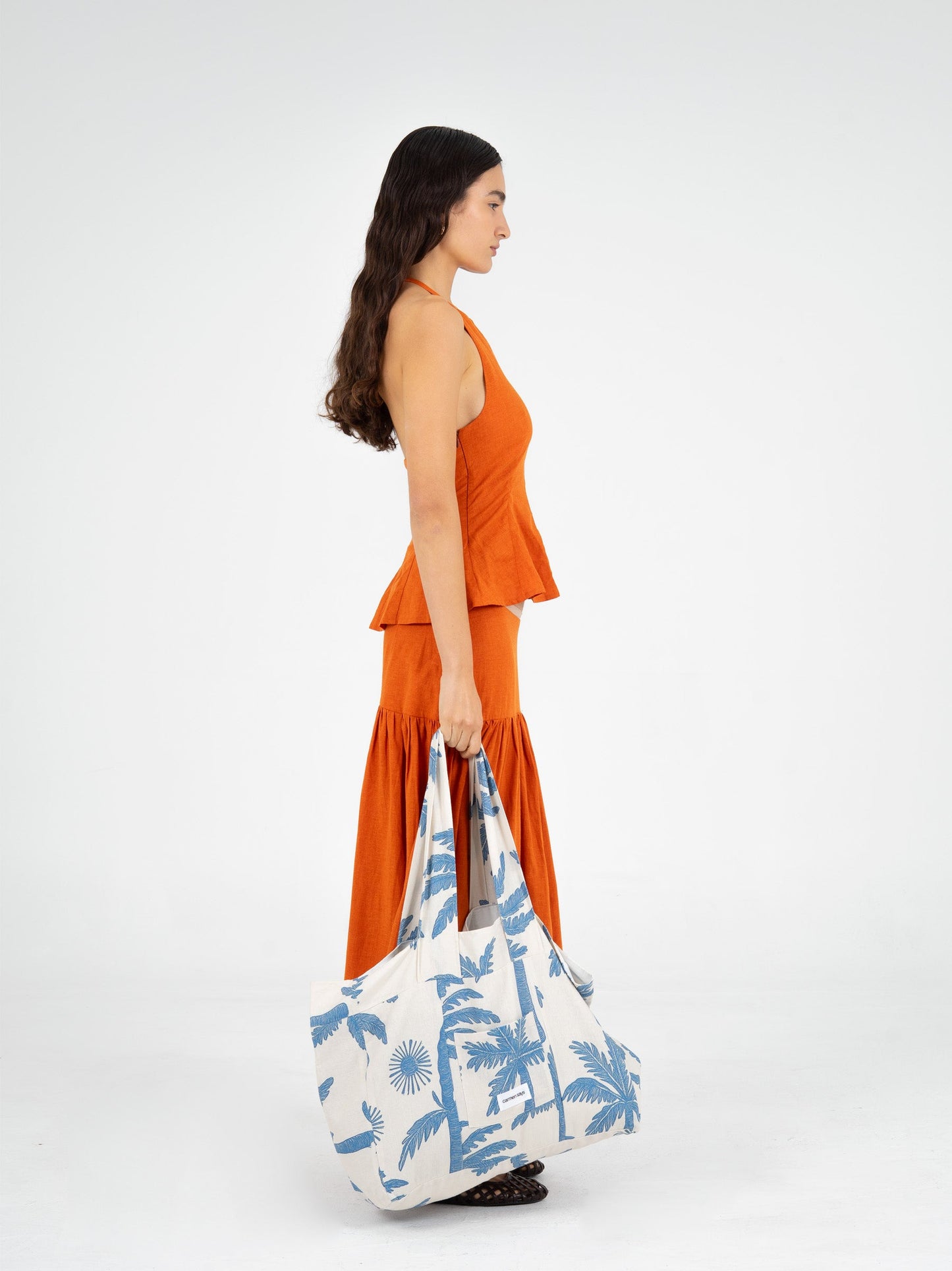 Elios Palm-Printed Linen Beach Bag