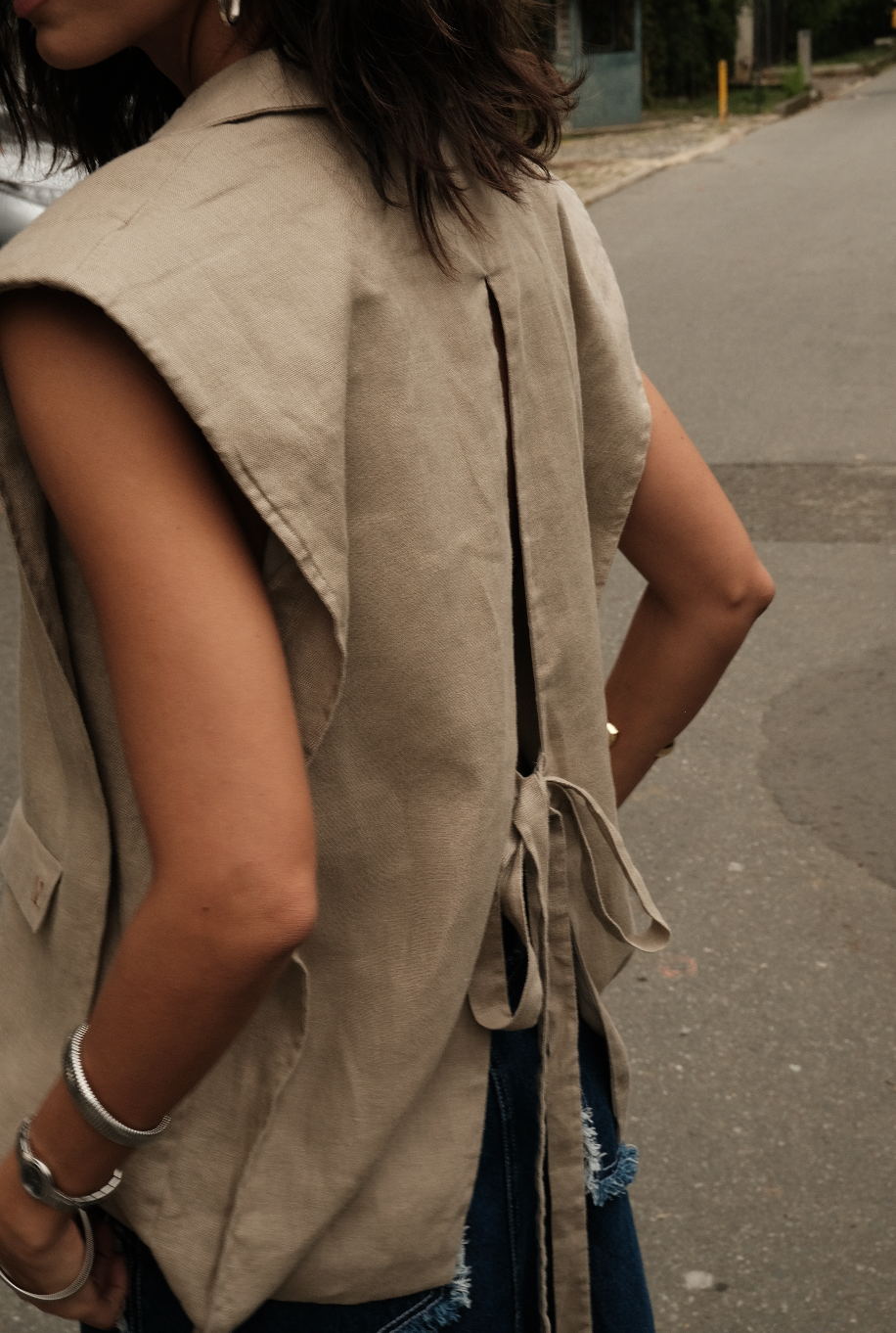 Sera Linen Blazer Vest | Mocha Latte