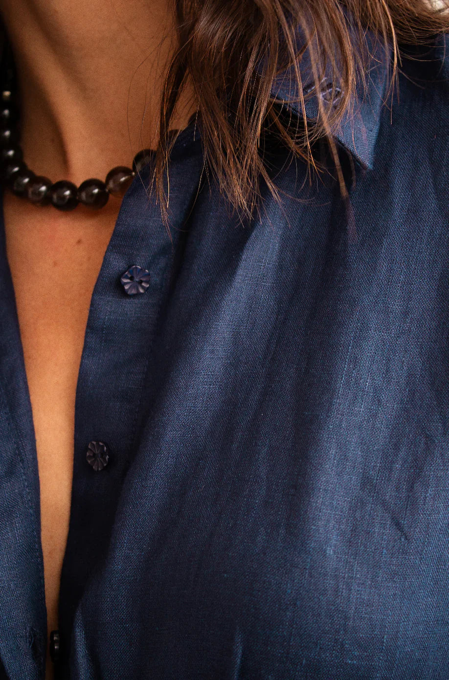 Akito Waisted Linen Top | Midnight Blue