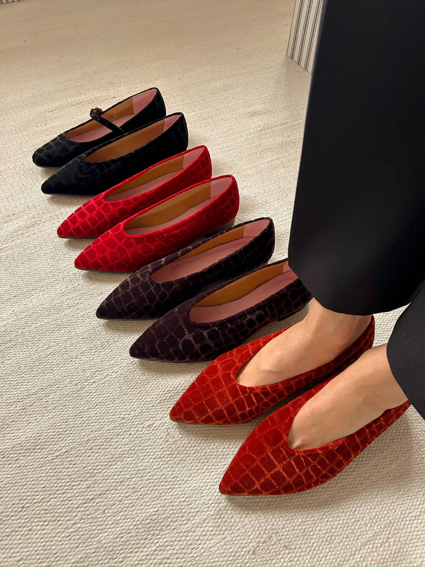 Graphite velvet ballerinas