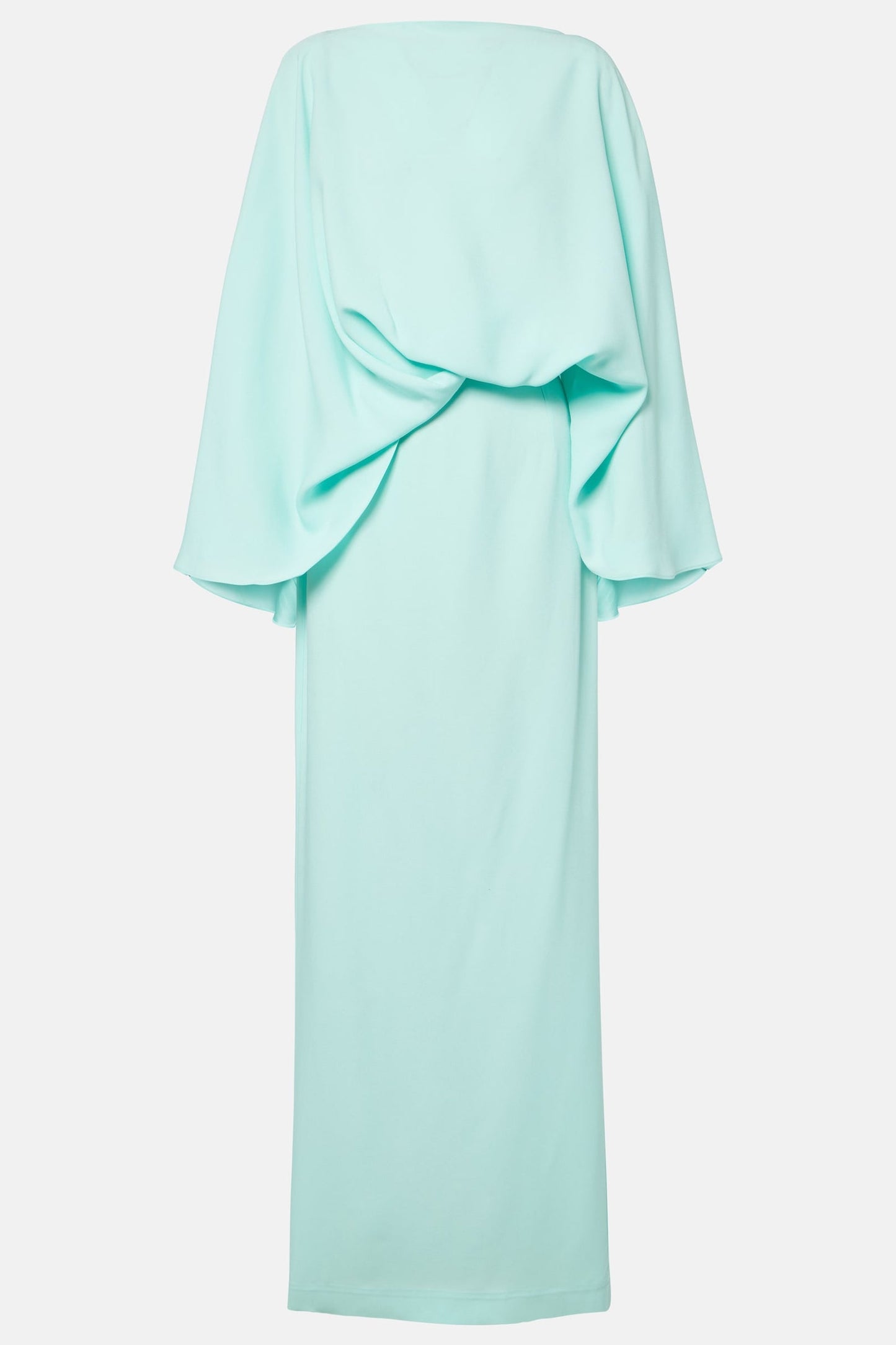 Elegant green draped dress with sculptural top and flowing maxi skirt product view