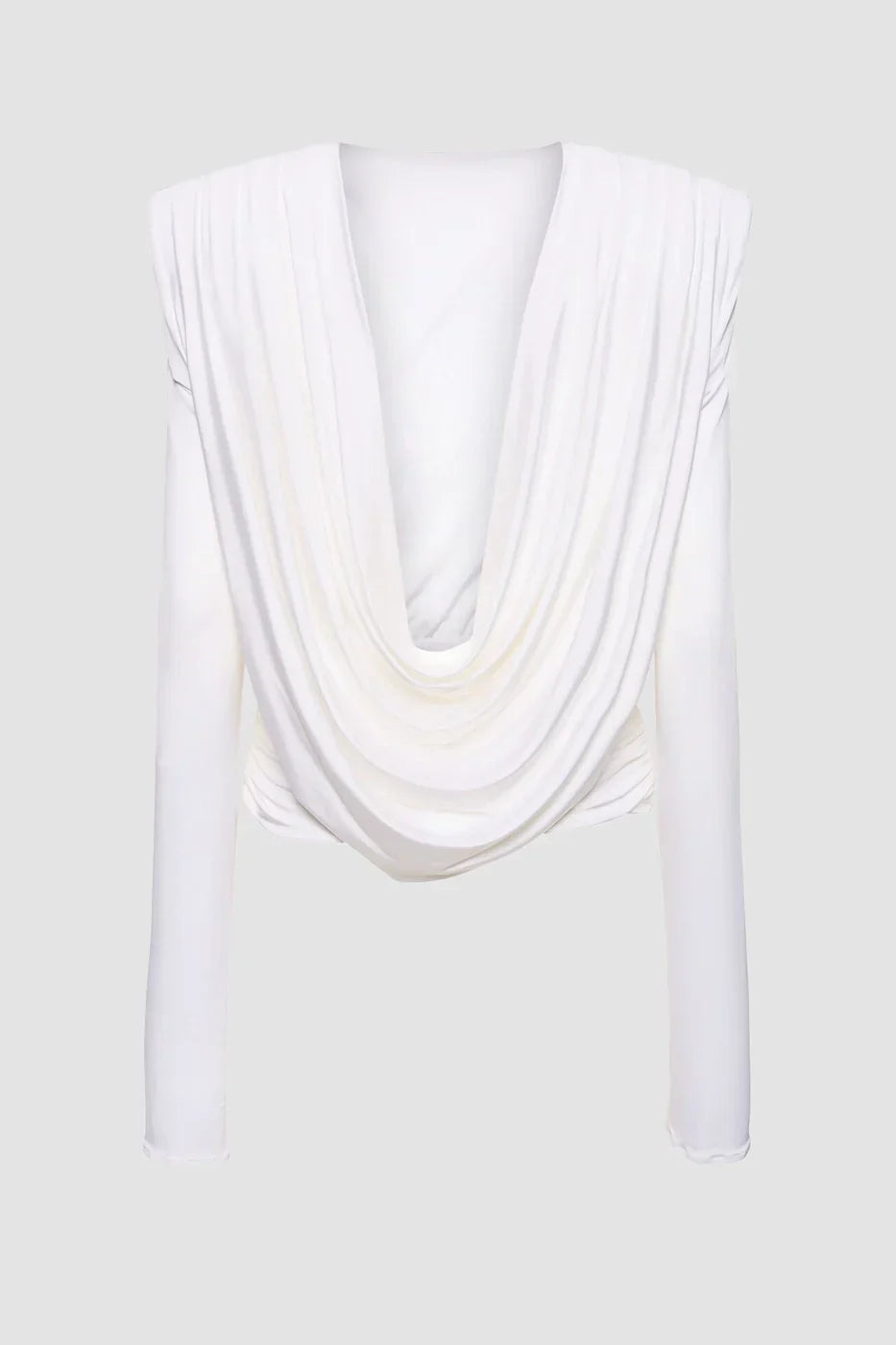 "Long Sleeve Draped Jersey Top in white with open back design"