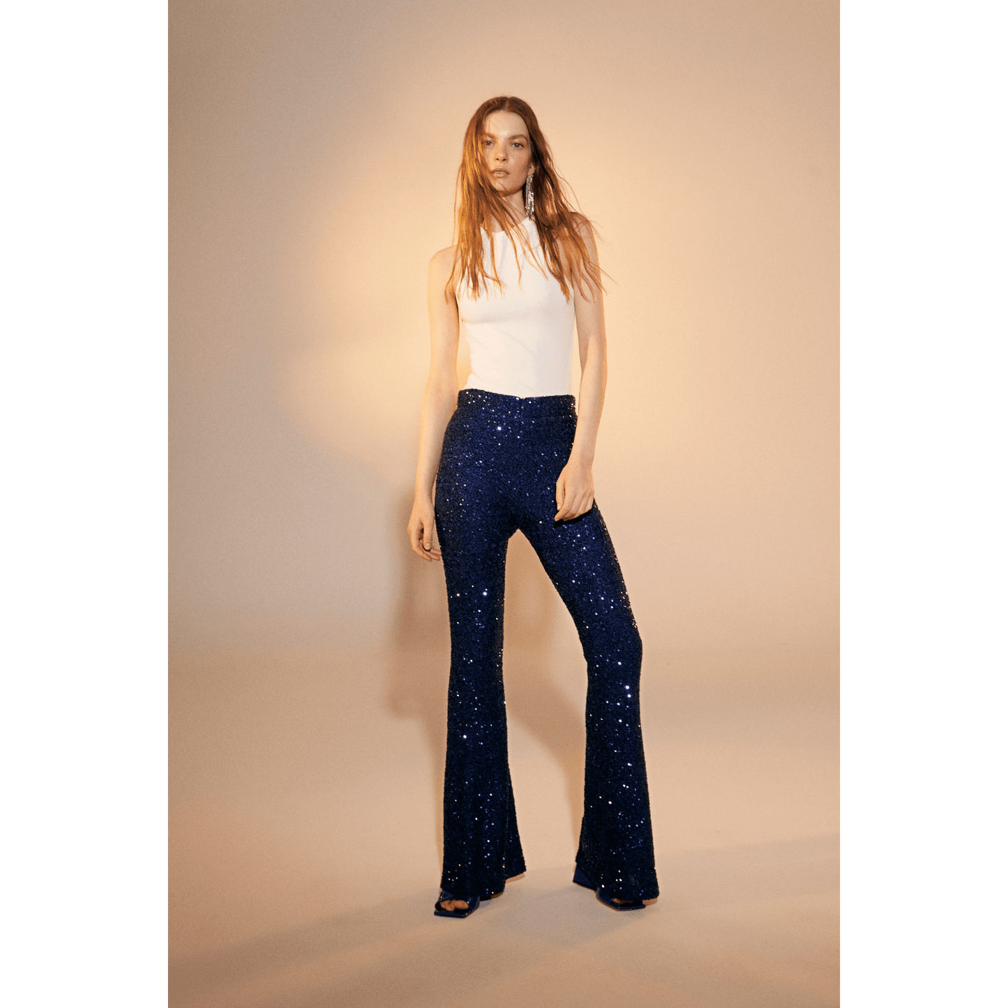 Maisy Sequin Flared Trousers in Midnight Blue Pants Nazli Ceren