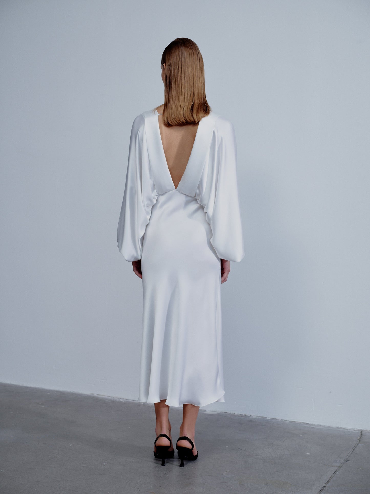 Mila V neck Satin Dress in White Nazli Ceren