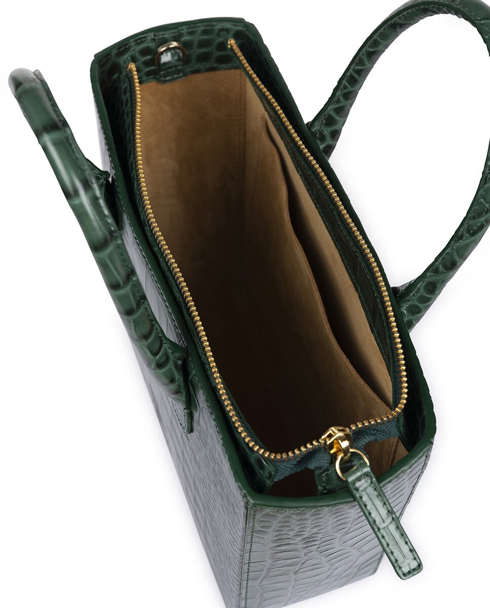 Crossbody leather bag in crocodile print - Forest Green Handbags Leandra