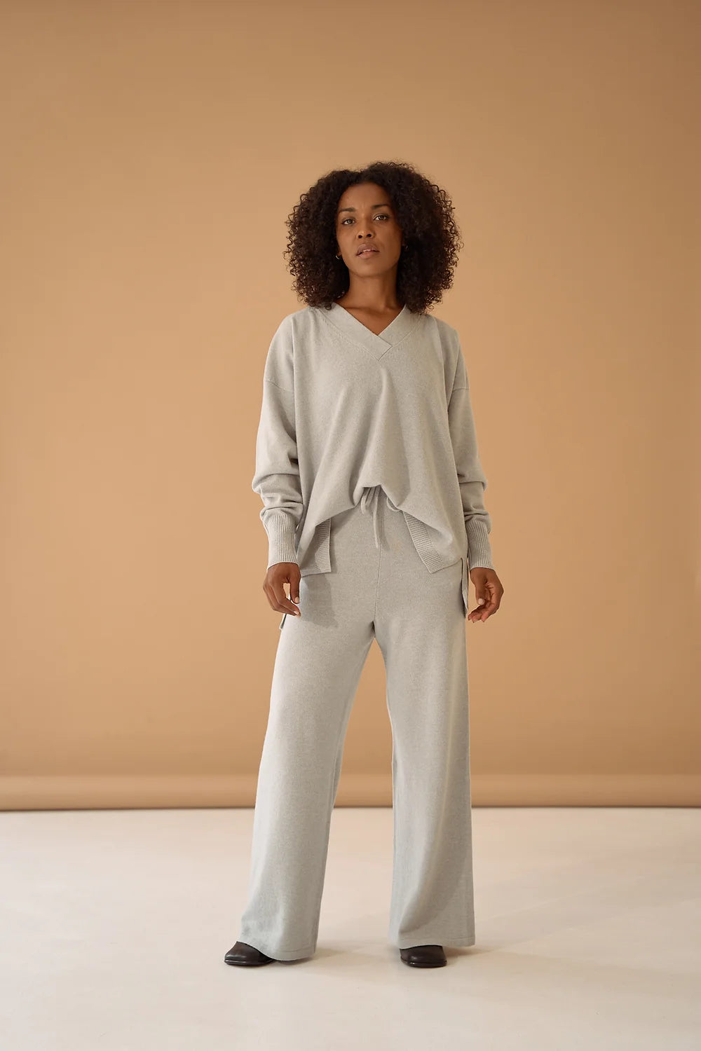 Grey Melange Palazzo Trousers Cashmere Wool