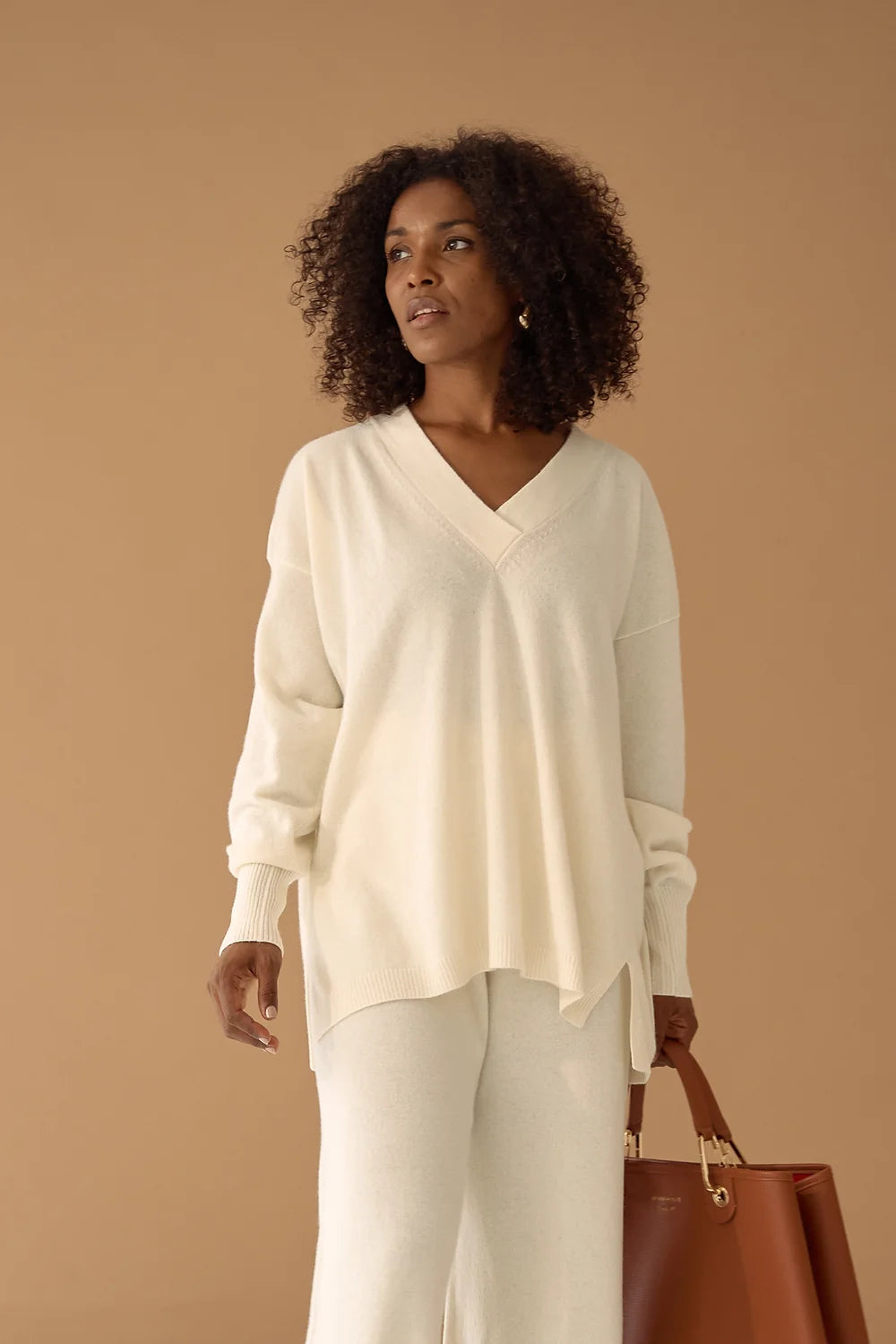 Ivory V-neck Sweater Cashmere Wool