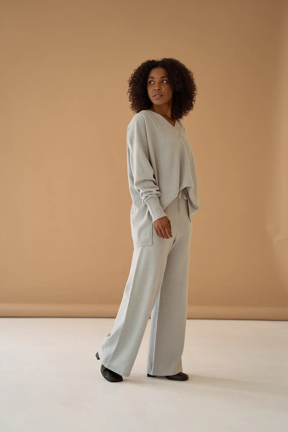 Grey Melange Palazzo Trousers Cashmere Wool