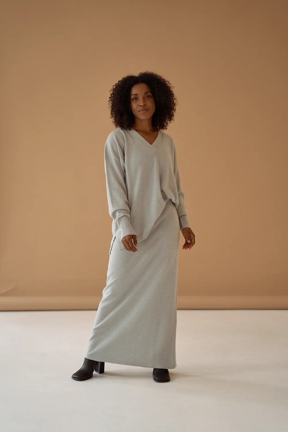 Grey Melange Maxi Skirt Cashmere Wool