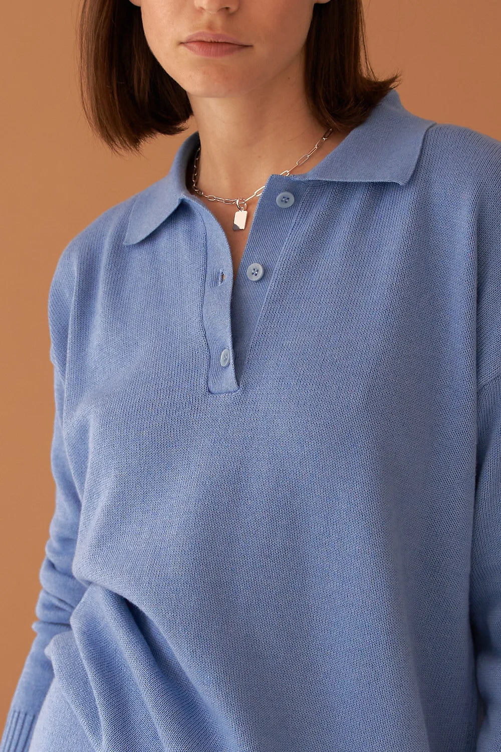 Blue Cotton Cashmere Blend Polo Sweater