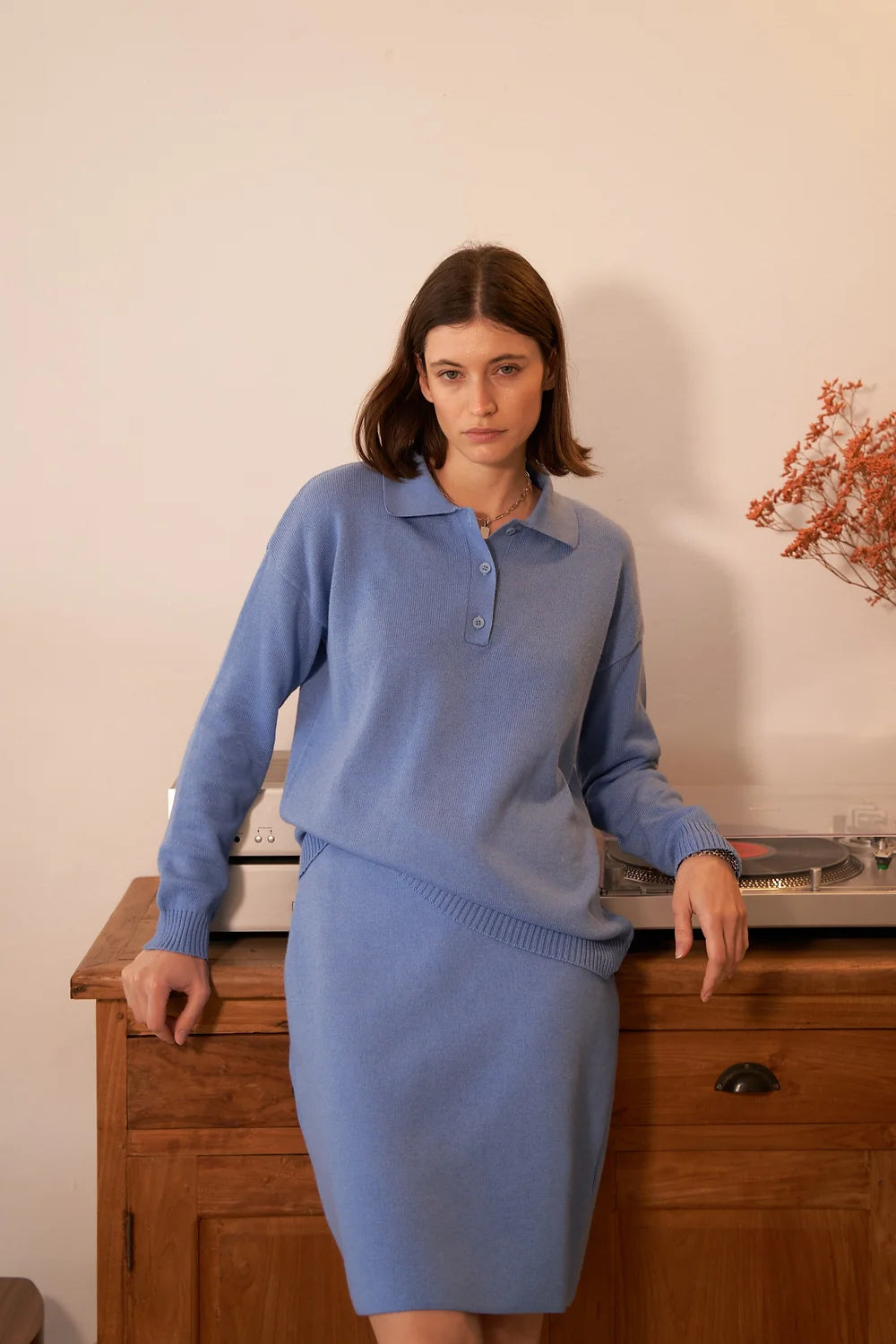 Blue Cotton Cashmere Blend Polo Sweater