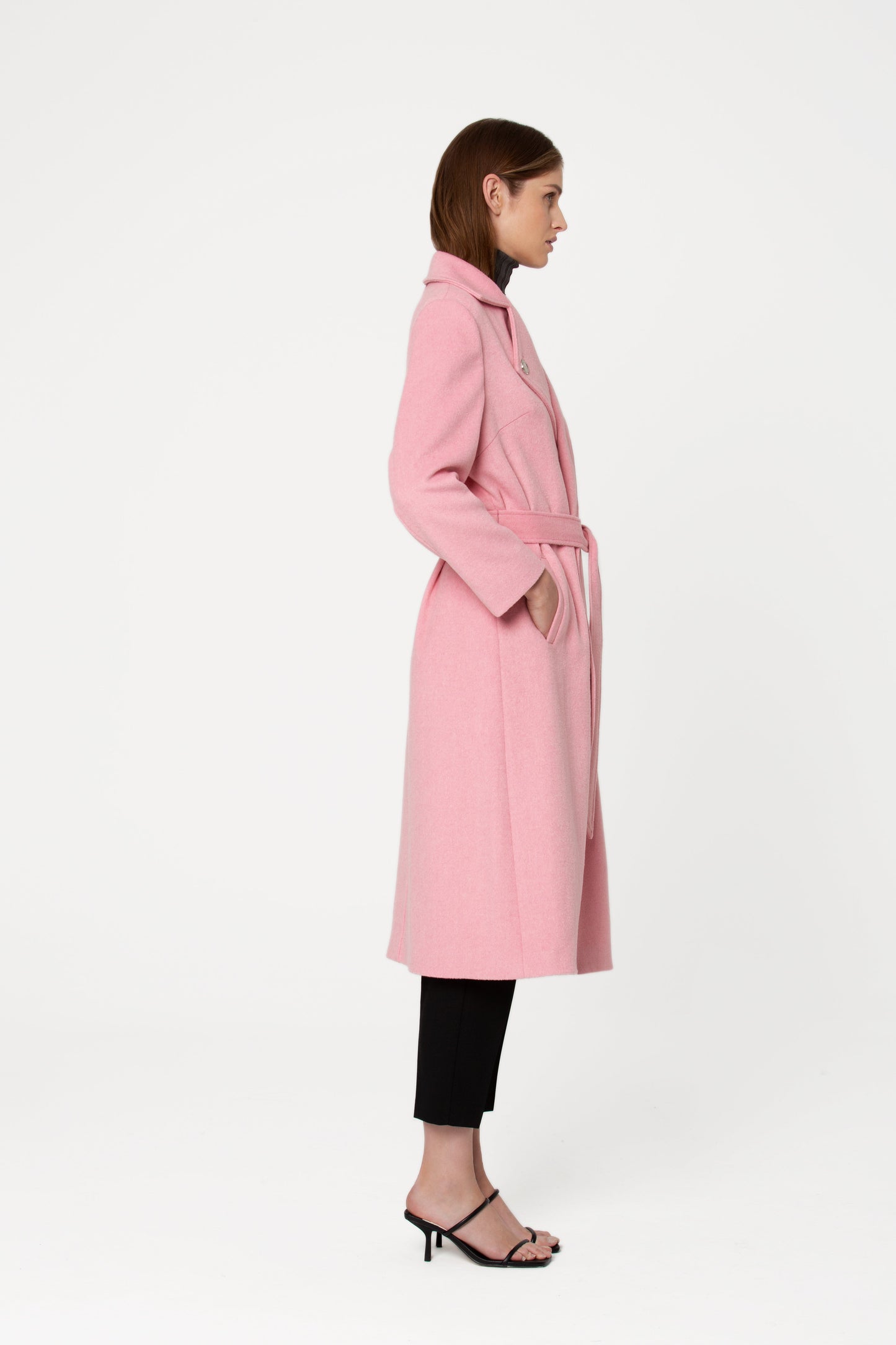 Favene Belted Wrap Wool Coat in Cherry Blossom Color