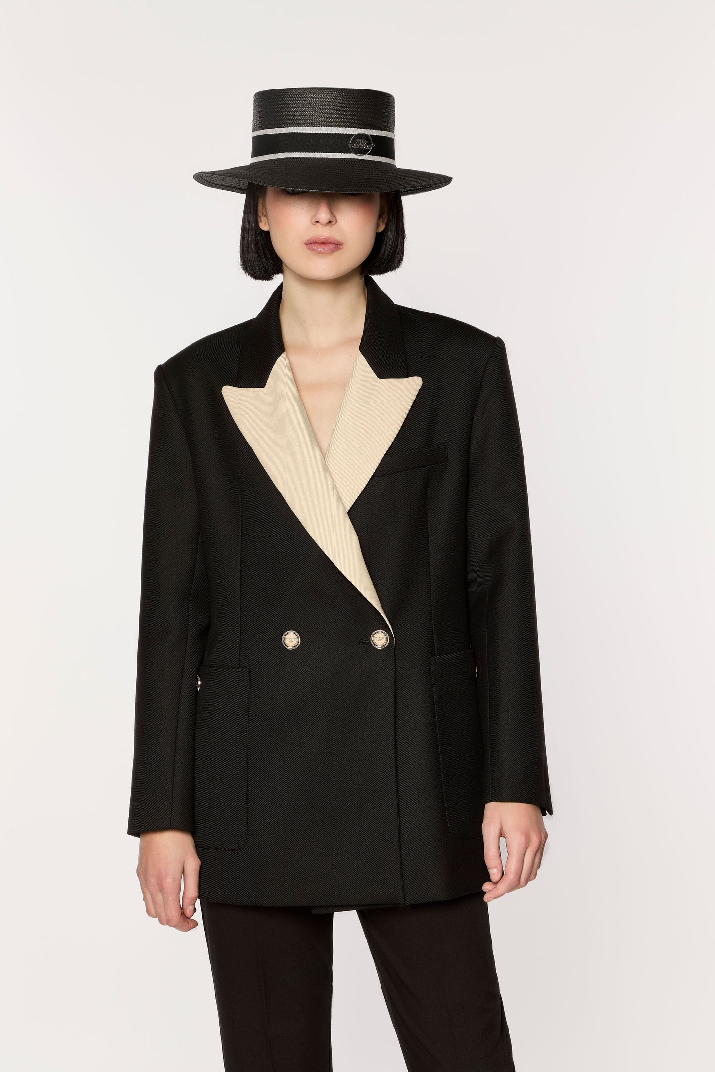 Ixonio Classic Black Canotier Hat with Black & White Ribbon