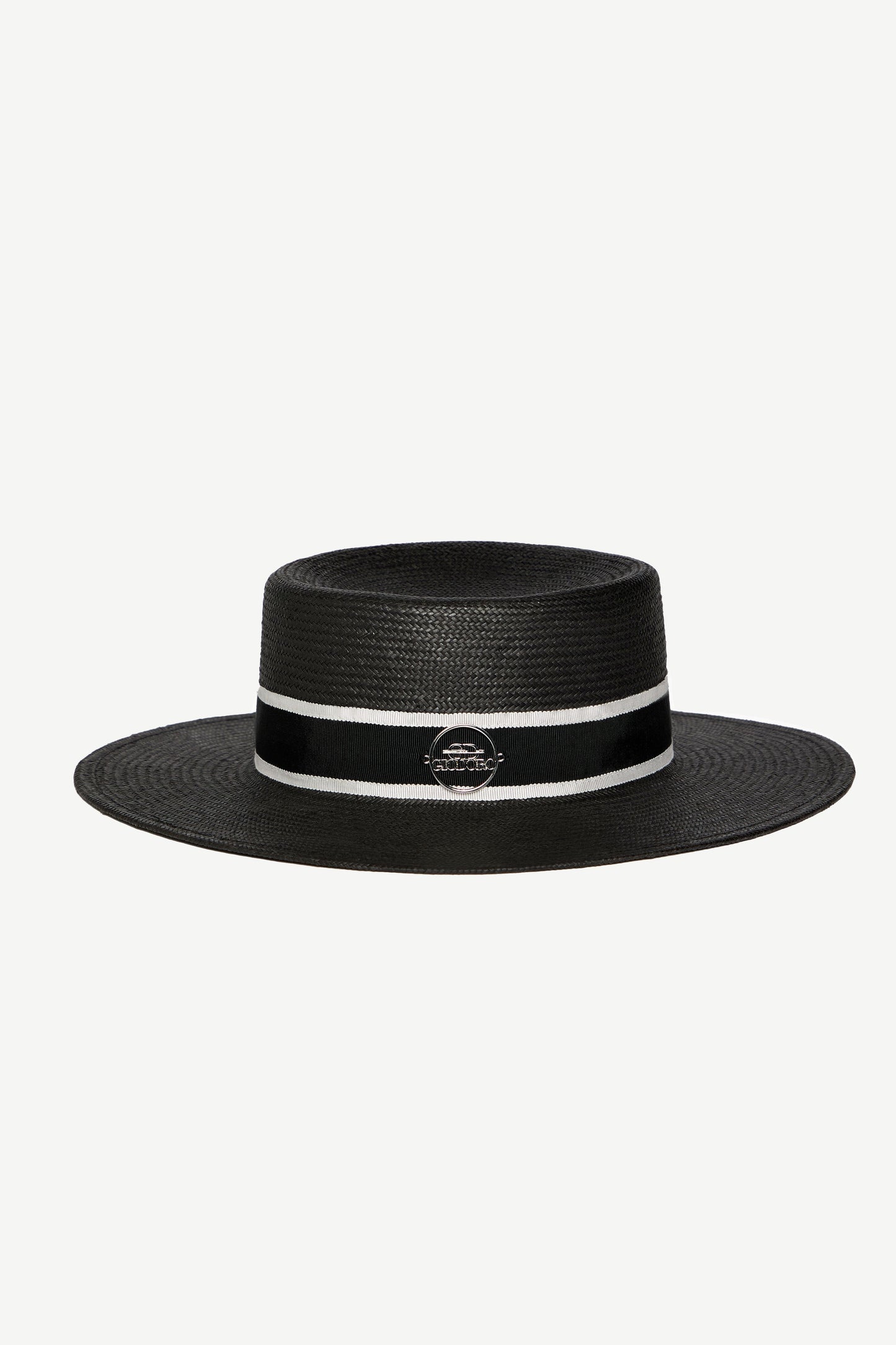 Ixonio Classic Black Canotier Hat with Black & White Ribbon