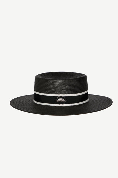 Ixonio Classic Black Canotier Hat with Black & White Ribbon