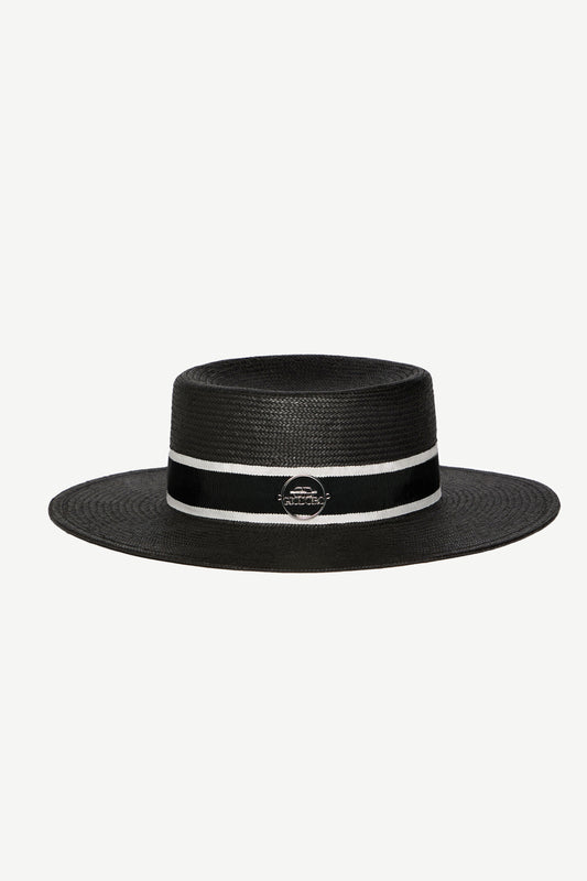 Ixonio Classic Black Canotier Hat with Black & White Ribbon