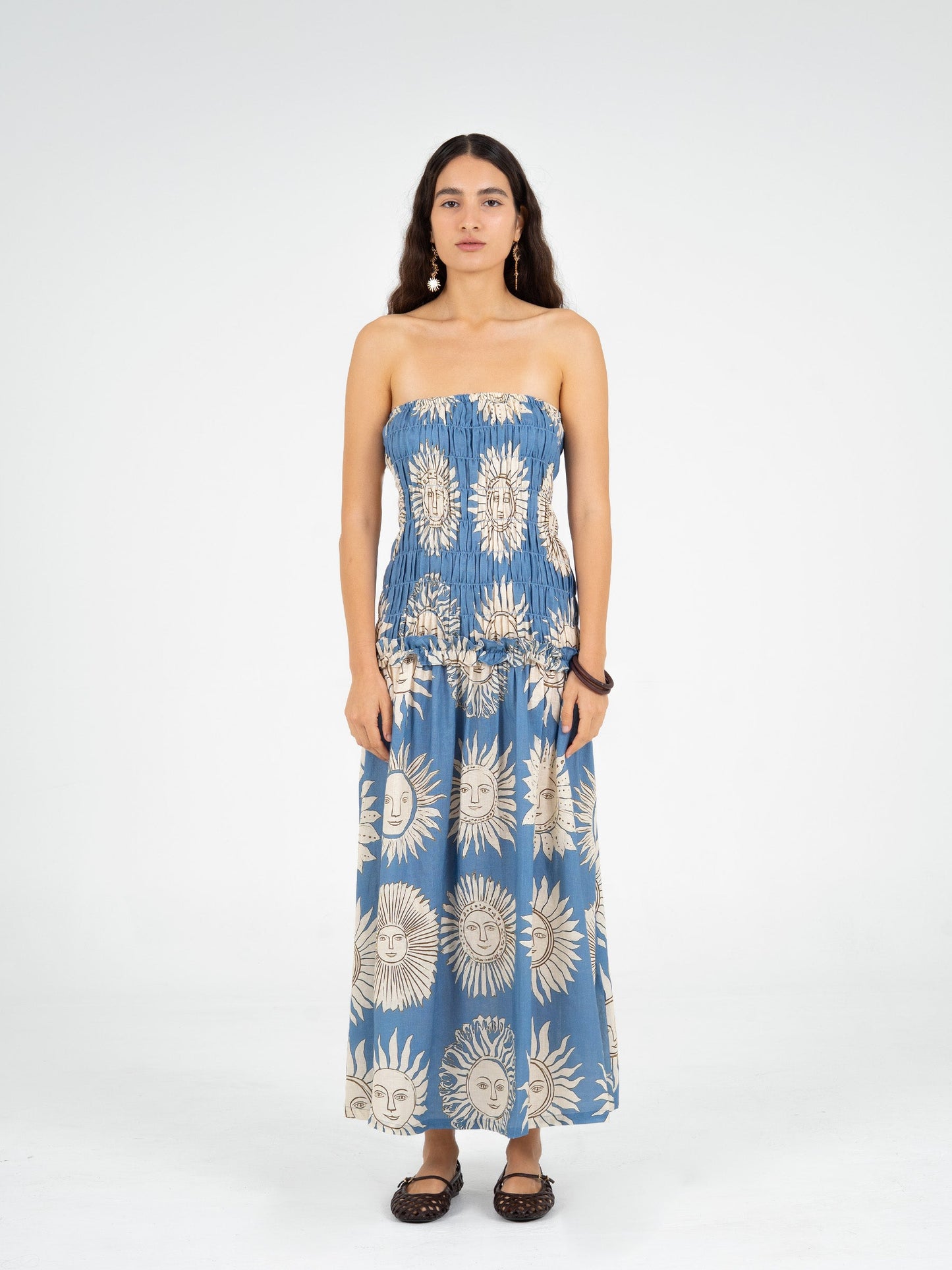 Sol Sun-Printed Smocked Linen Maxi Dress