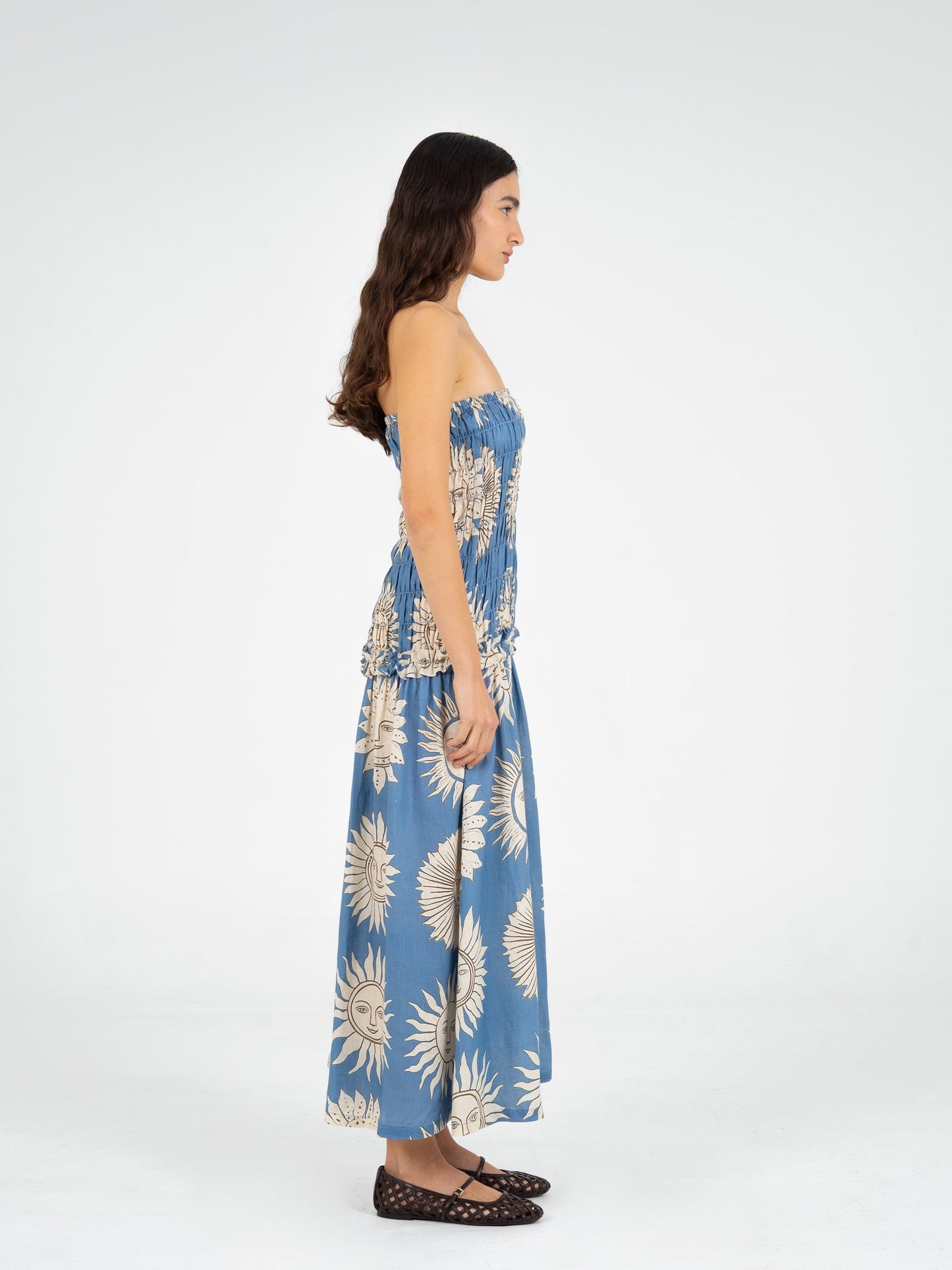 Sol Sun-Printed Smocked Linen Maxi Dress