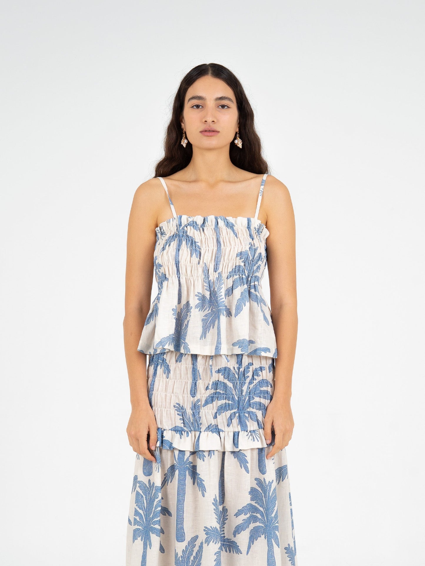 Elios Palm-Printed Smocked Top