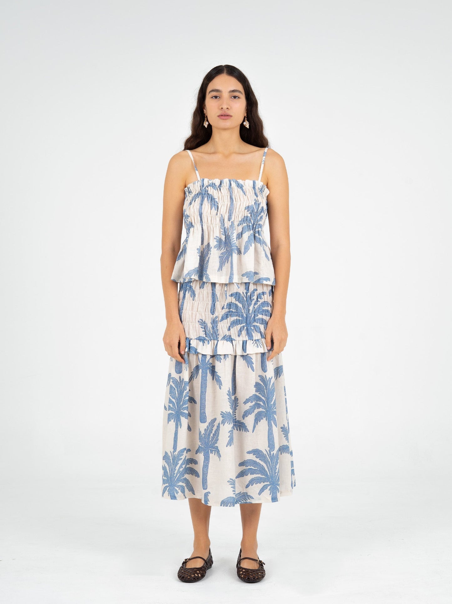 Elios Palm-Printed Smocked Top