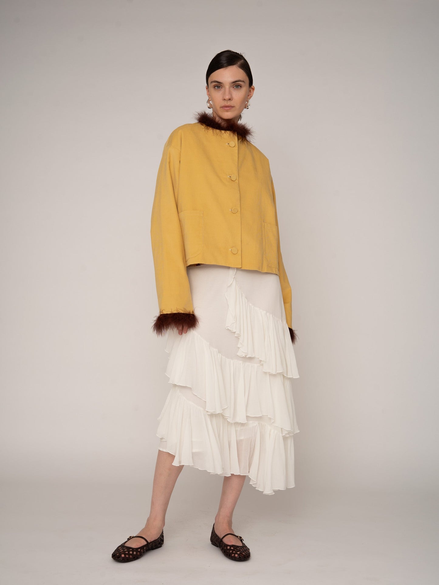 Dorée Mustard Feather Jacket