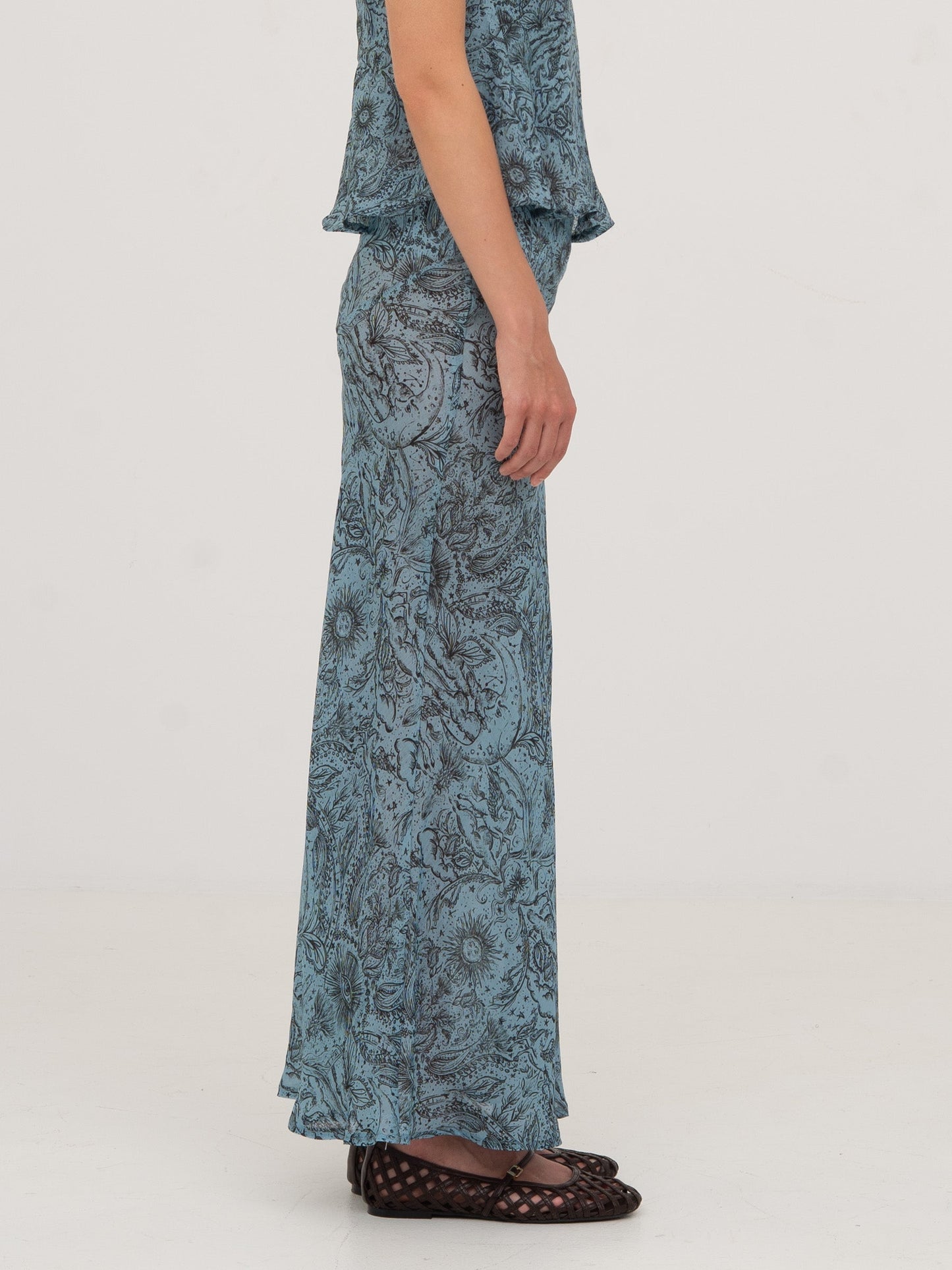 Blue Peony System-Printed Skirt