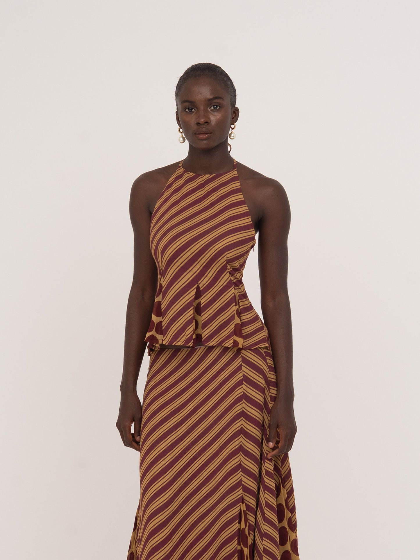 Immortal Burgundy and Yellow Contrast Stripes and Polka Dot Occasion Top