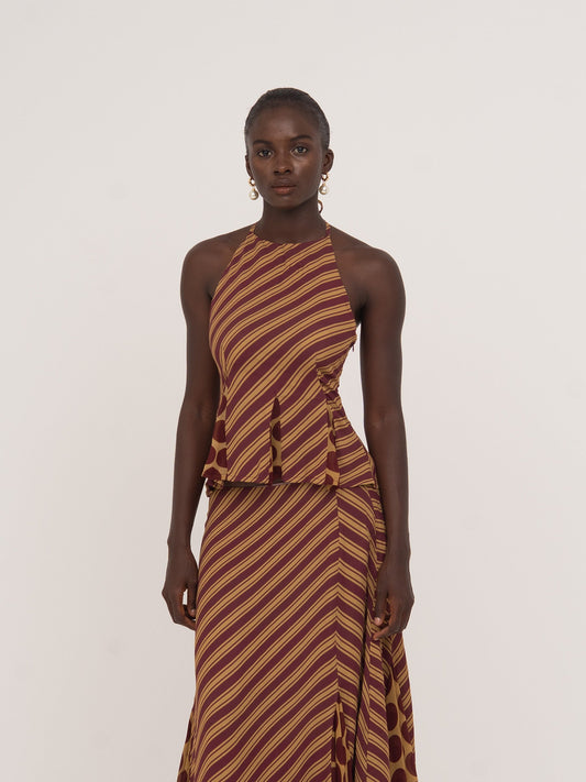 Immortal Burgundy and Yellow Contrast Stripes and Polka Dot Occasion Top