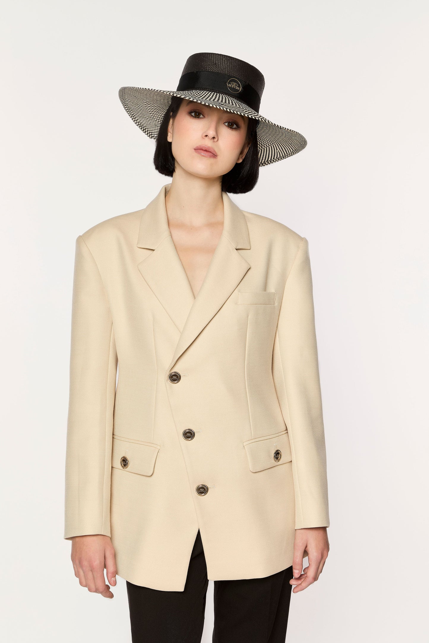 Ixonio Black Canotier Hat with Black & White Brim