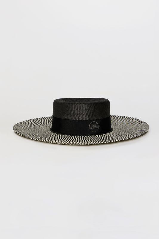 Ixonio Black Canotier Hat with Black & White Brim
