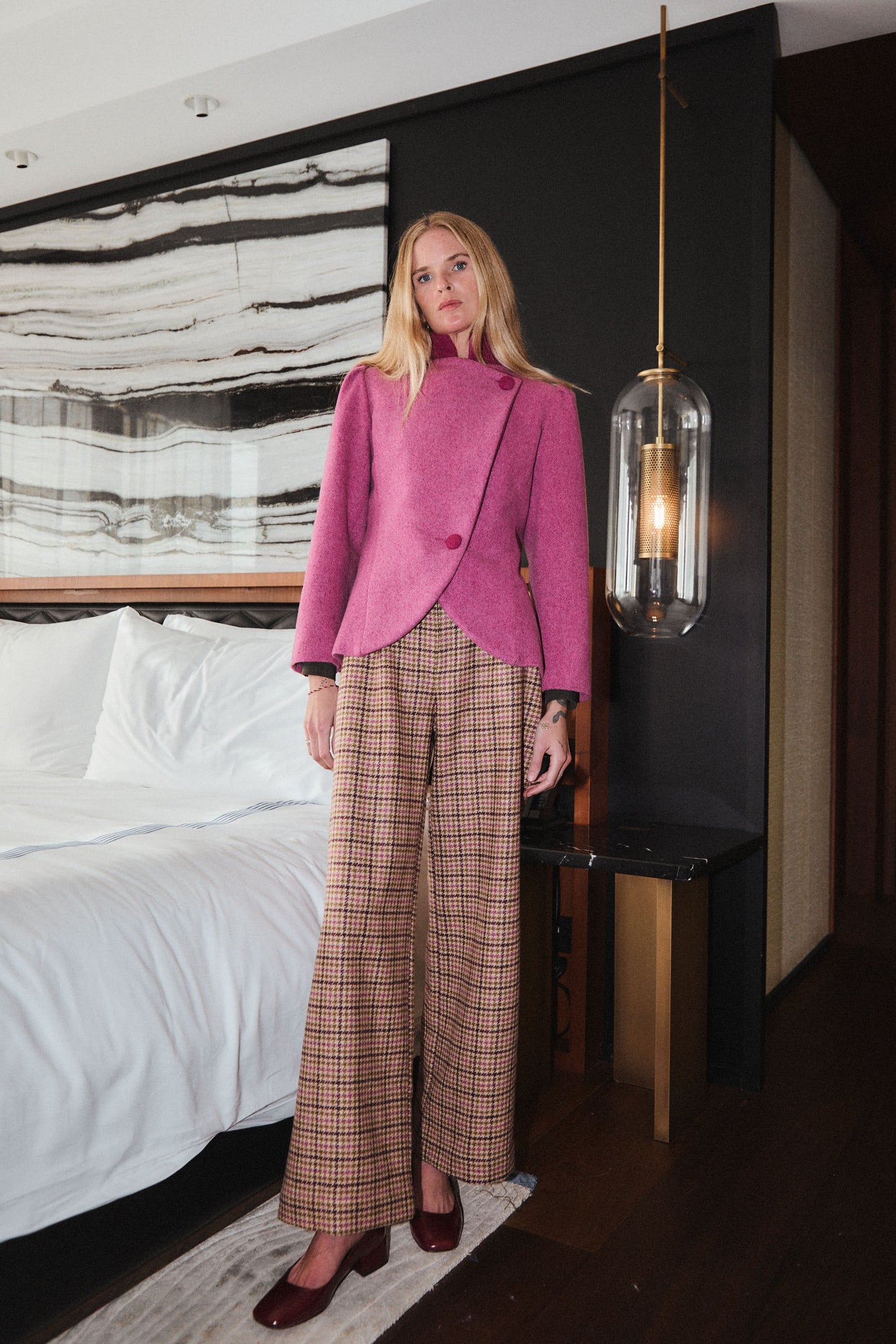 Pink Houndstooth Checked Pants