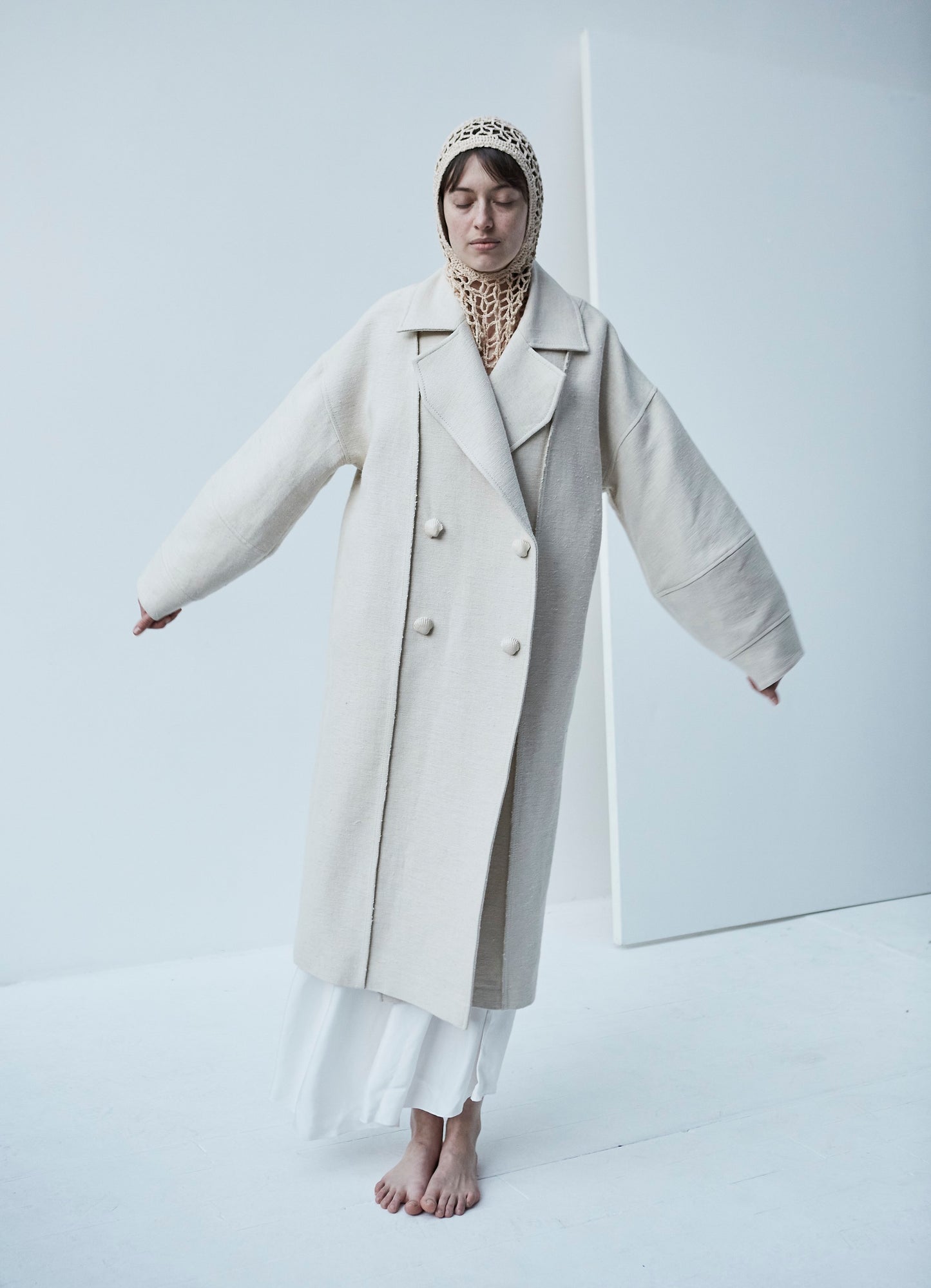 Snegurochka Cream Wool Hemp Shell Buttons Coat