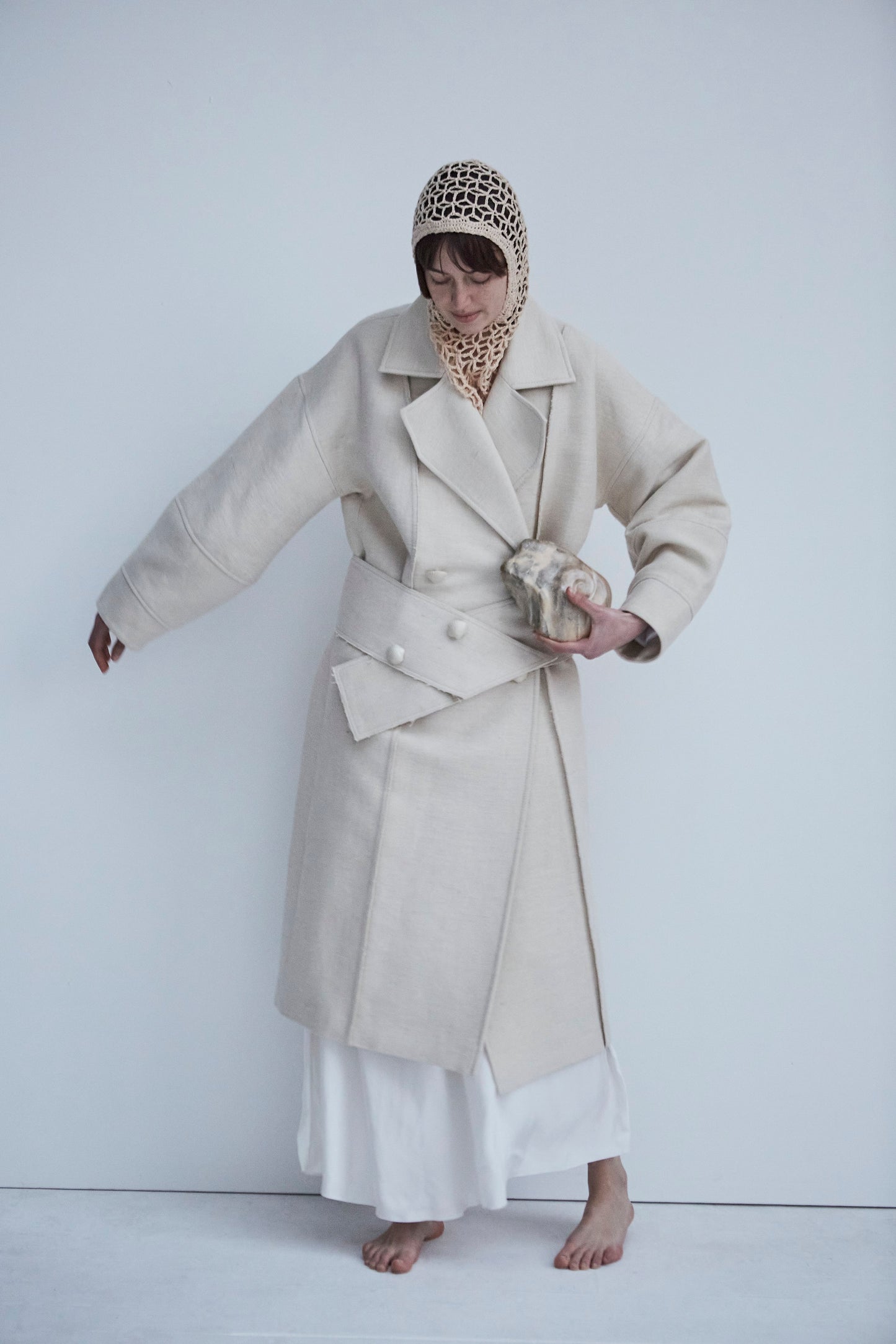 Snegurochka Cream Wool Hemp Shell Buttons Coat