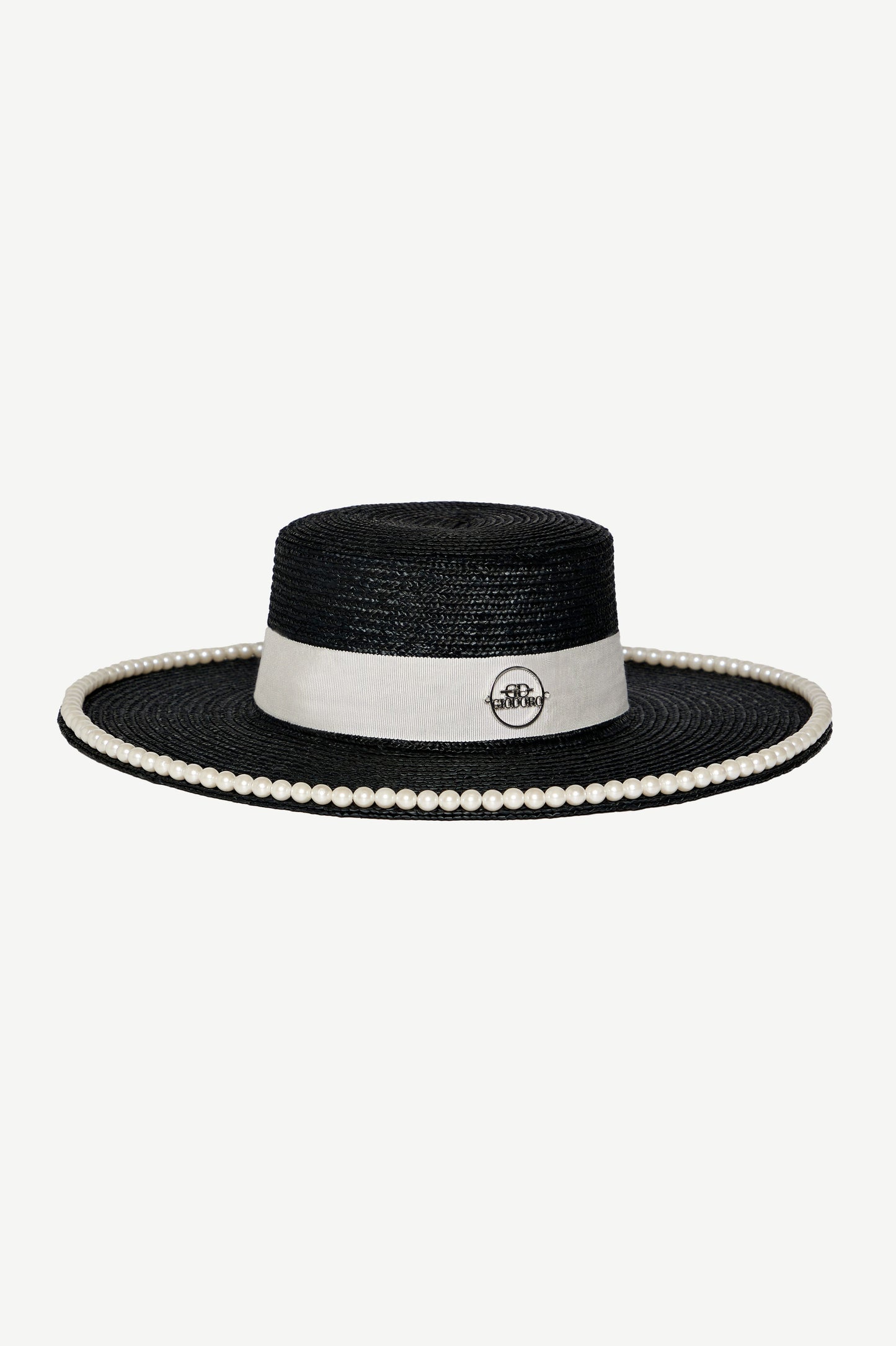 Ixonio Iconic Black Canotier Straw Pearl Hat
