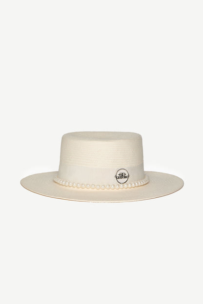 Ixonio White Straw Canotier Hat with Pearls