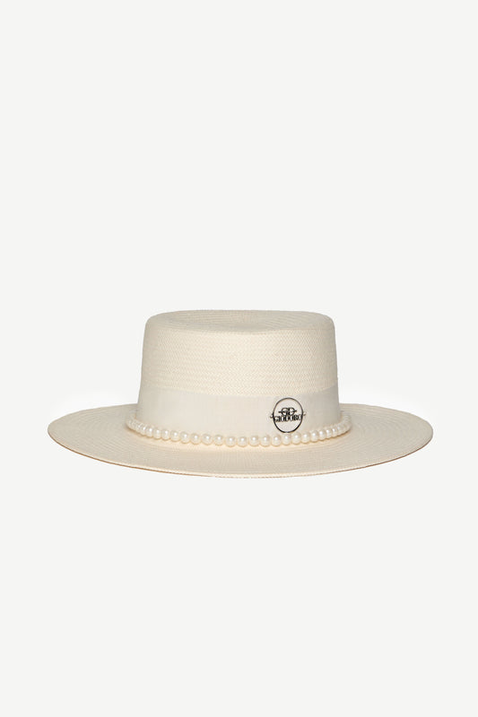 Ixonio White Straw Canotier Hat with Pearls