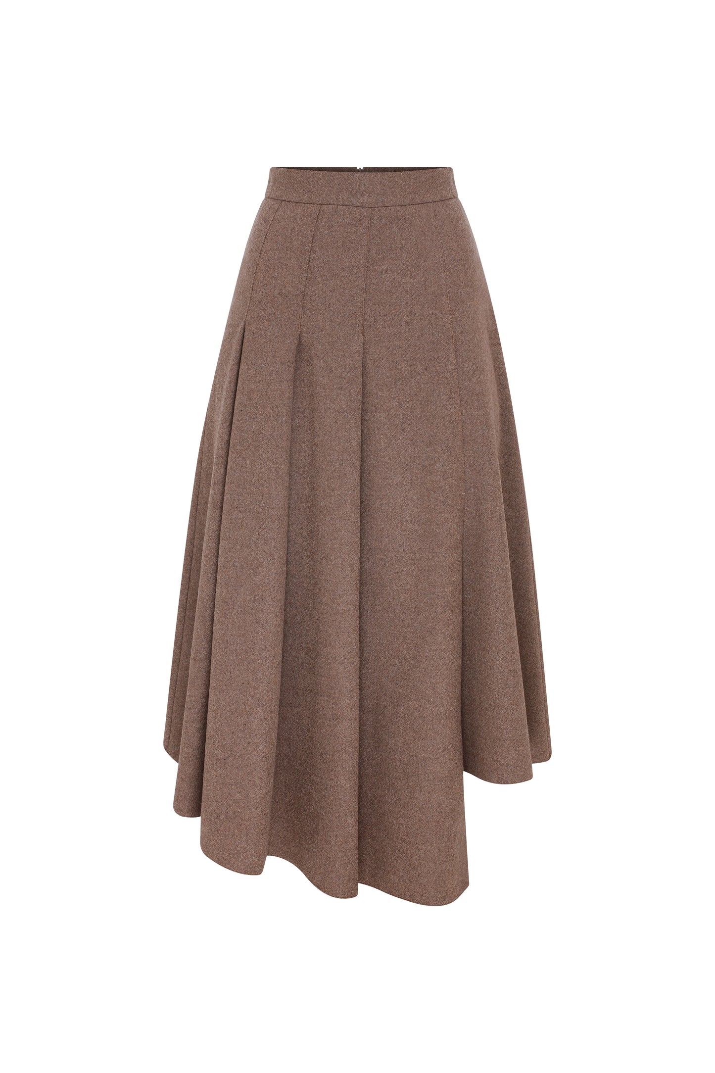 Eliza Wool Plaid Asymmetric Midi Skirt in Mocha