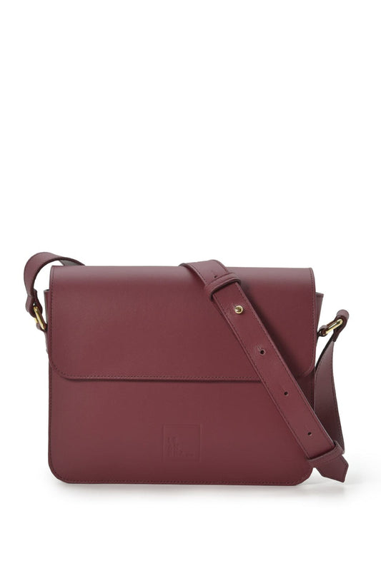 Burgundy leather square crossbody bag with flap Handbags Leandra 