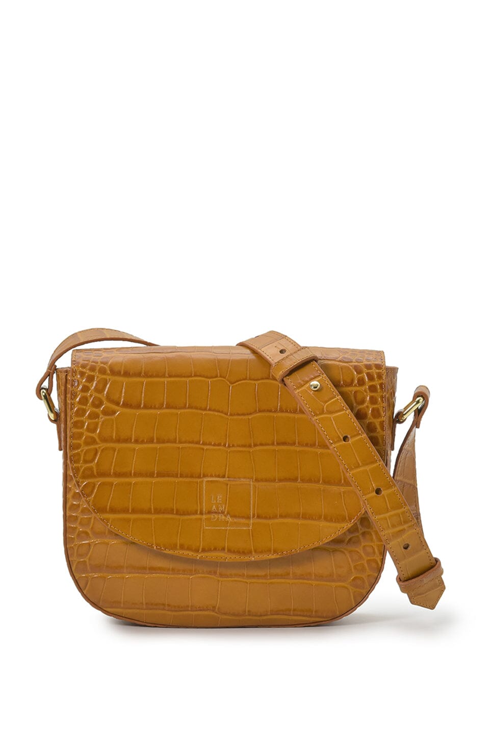 Camel coconut engraved leather flap crossbody bag Crossbody Bags Leandra 