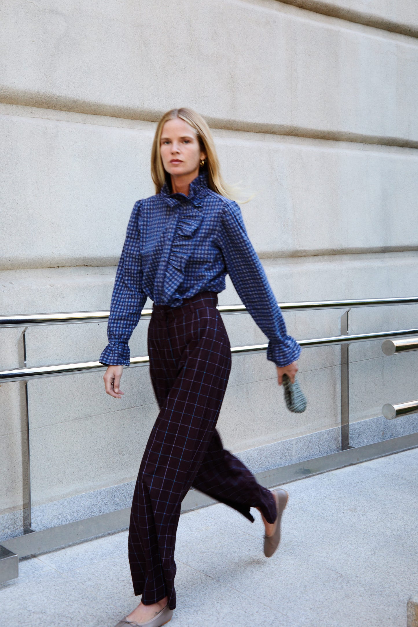 Blue Checkered Ruffle Shirt