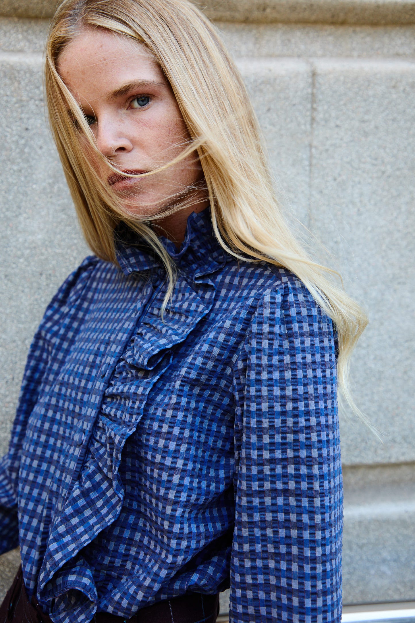 Blue Checkered Ruffle Shirt