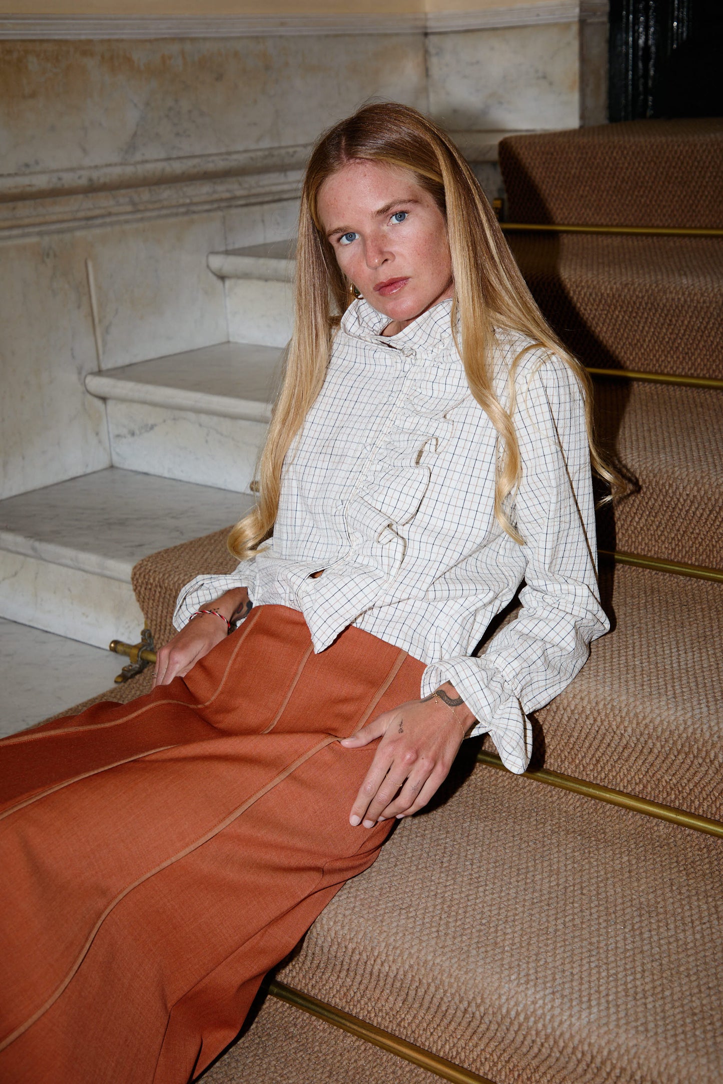 White Checkered Ruffle Shirt