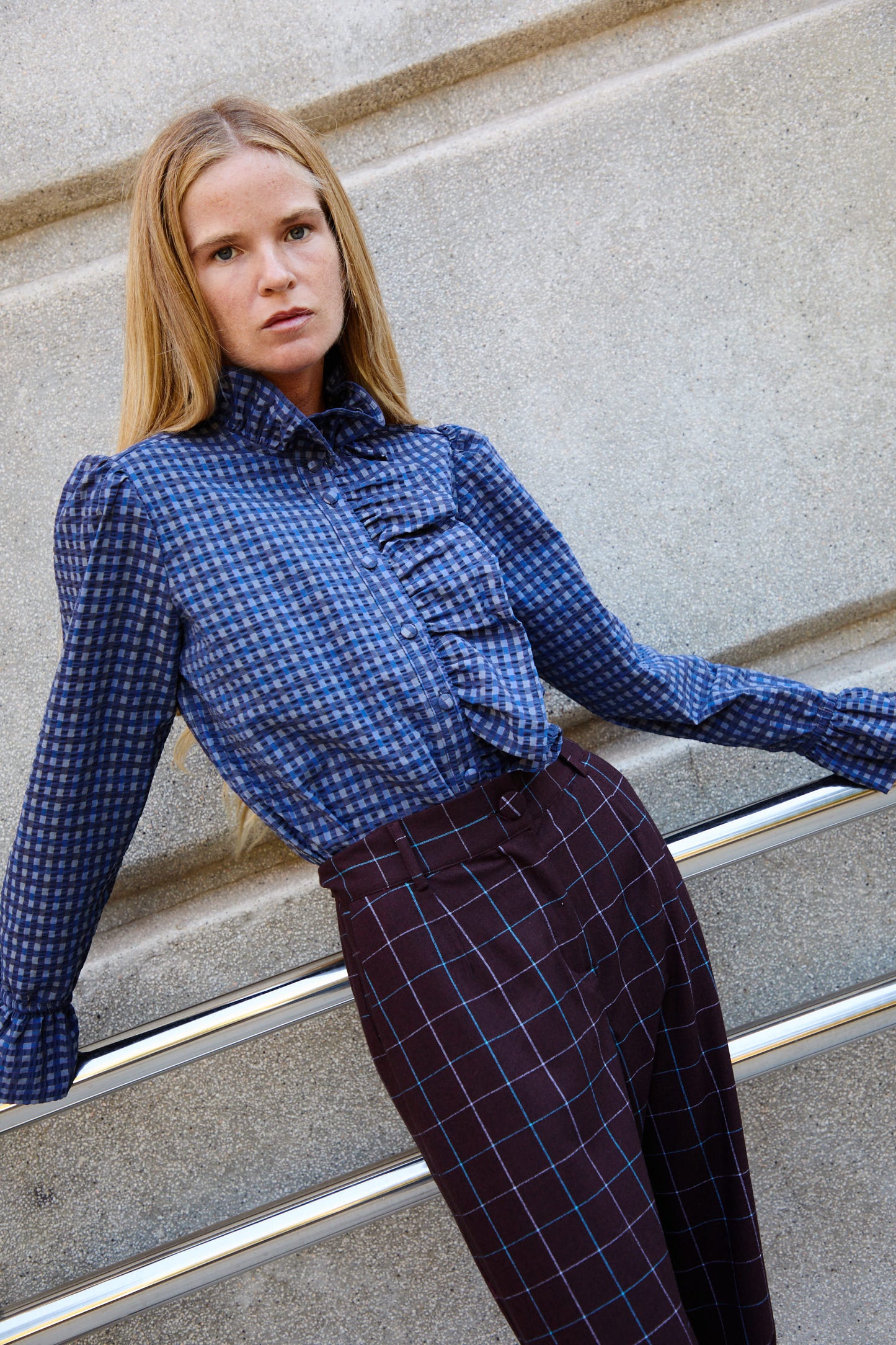 Blue Checkered Ruffle Shirt