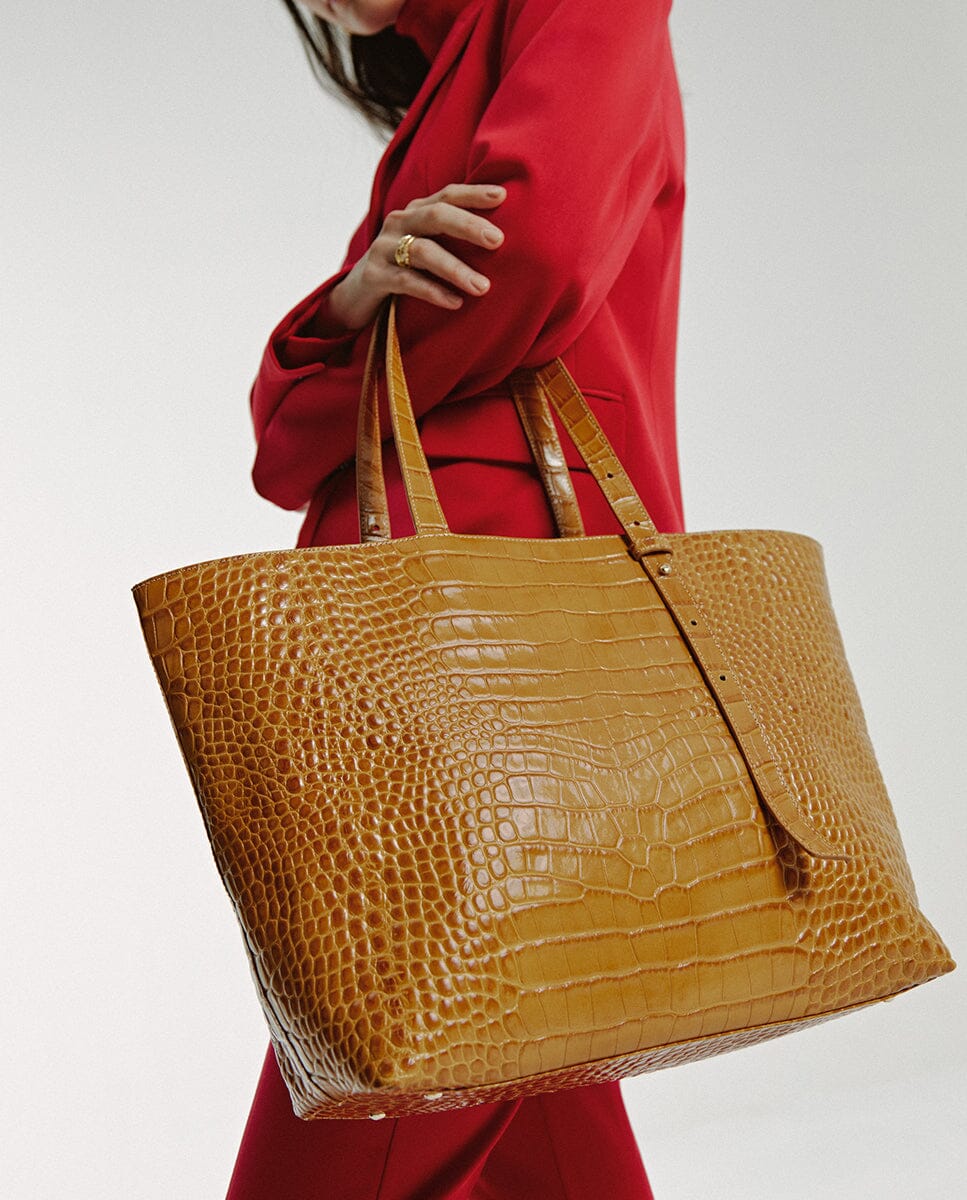 Caramel Engraved Leather Shopper Tote Bag Leandra 