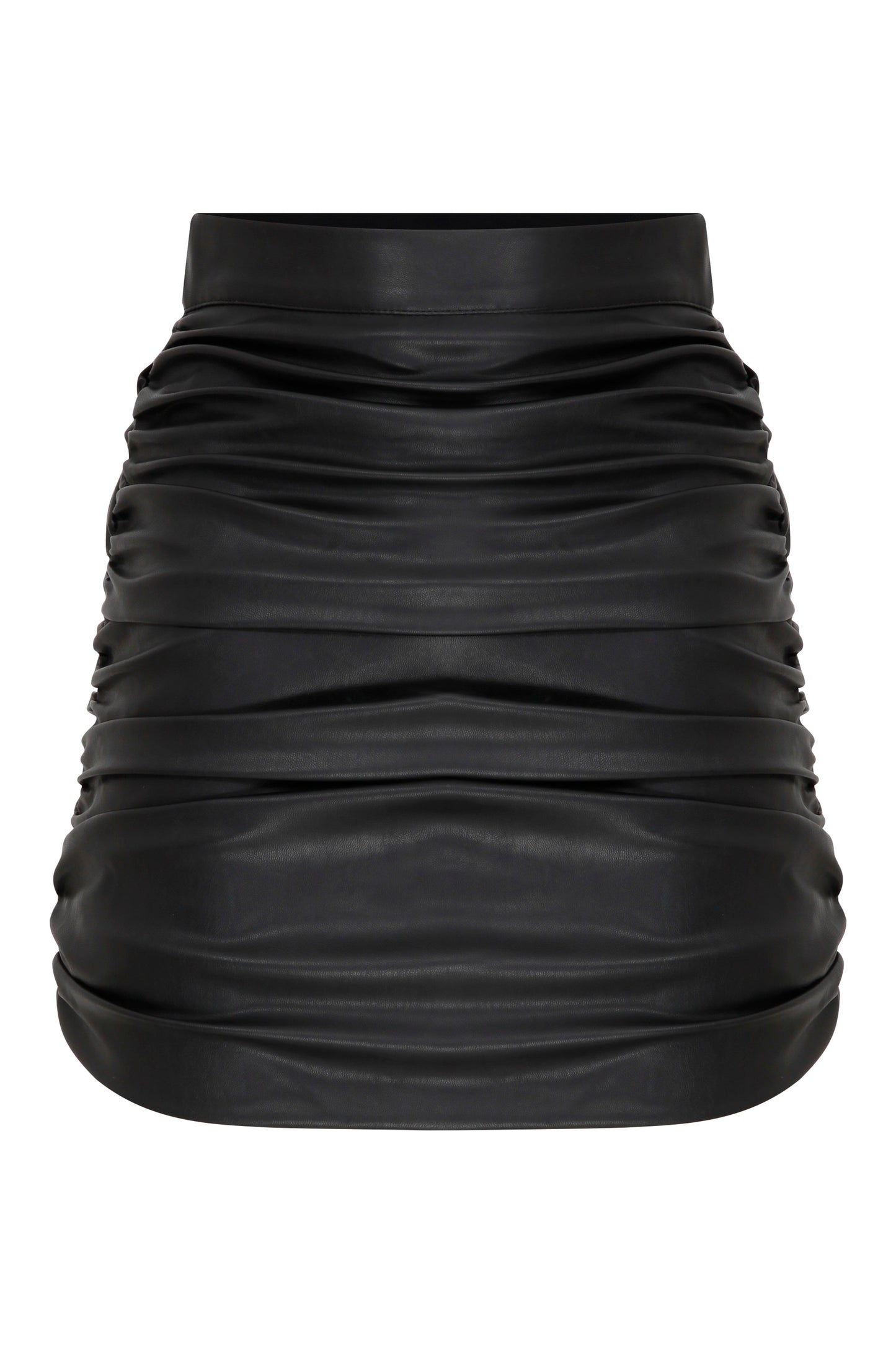 Chels Ruched Vegan Leather Mini Skirt in Black Nazli Ceren 