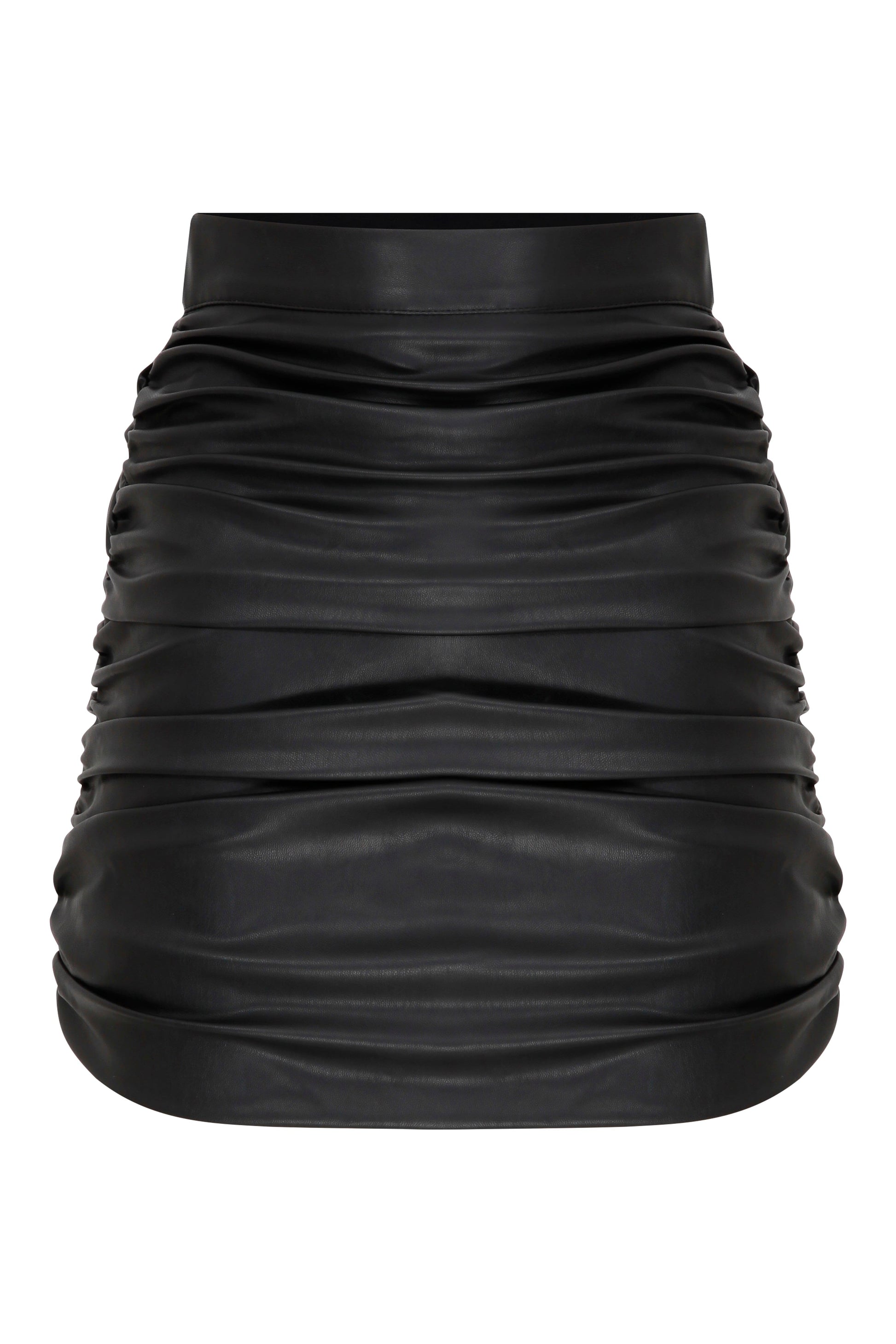 Chels Ruched Vegan Leather Mini Skirt in Black Nazli Ceren 