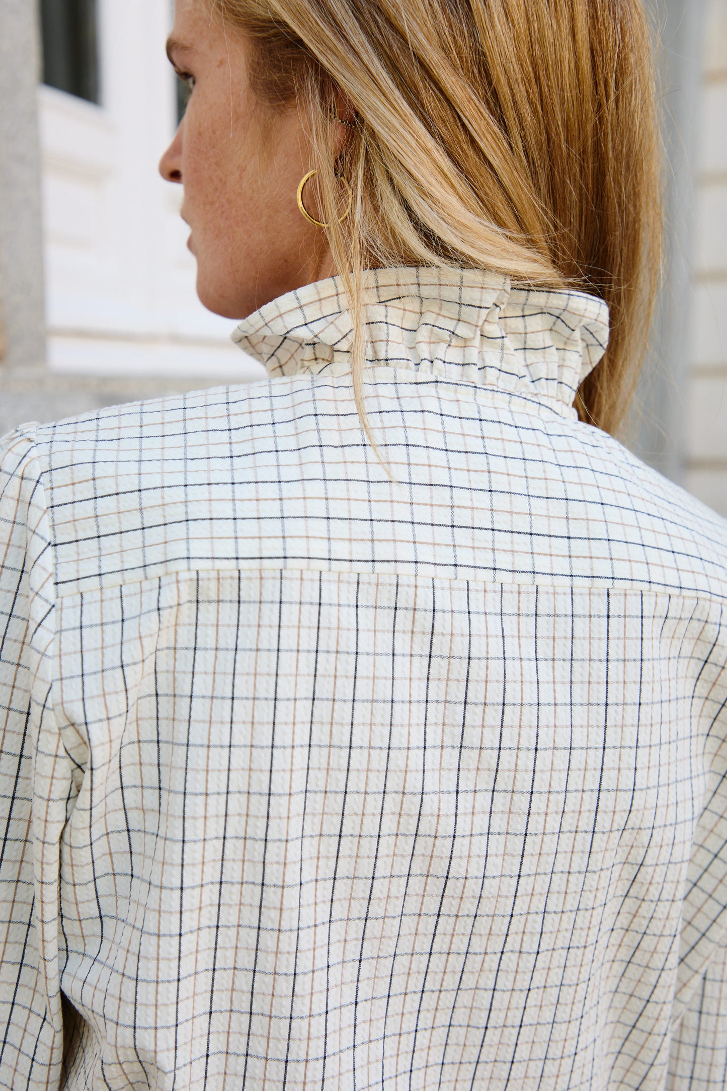 White Checkered Ruffle Shirt