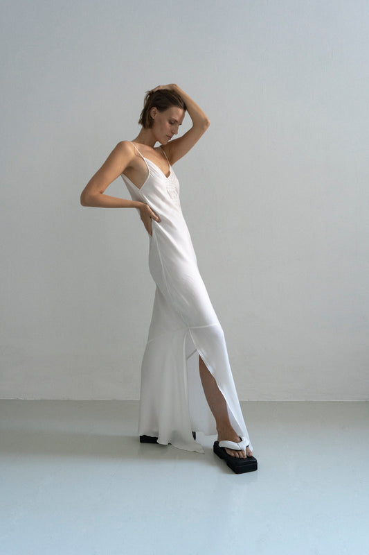 Yman White Hanmade Embroidery Long Slip Dress