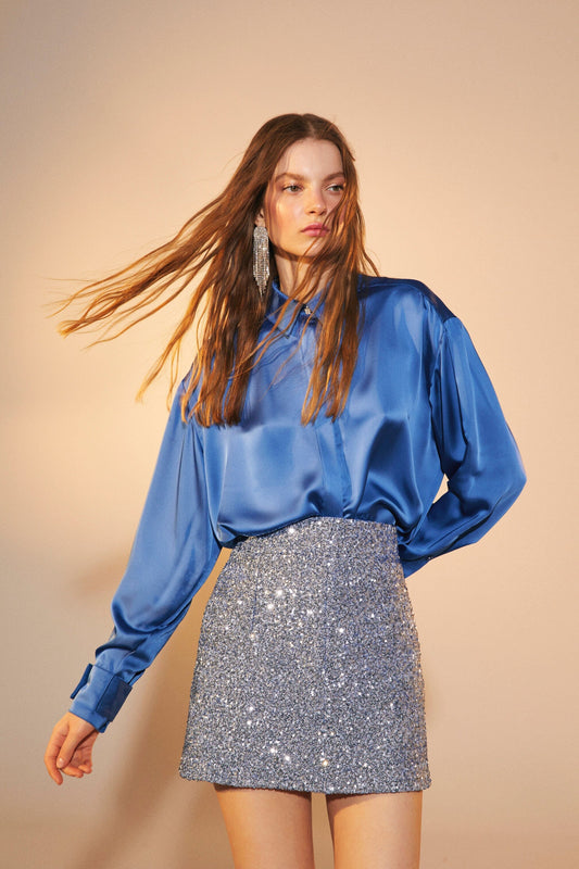 Ravenna Satin Shirt in French Blue Shirts & Tops Nazli Ceren 